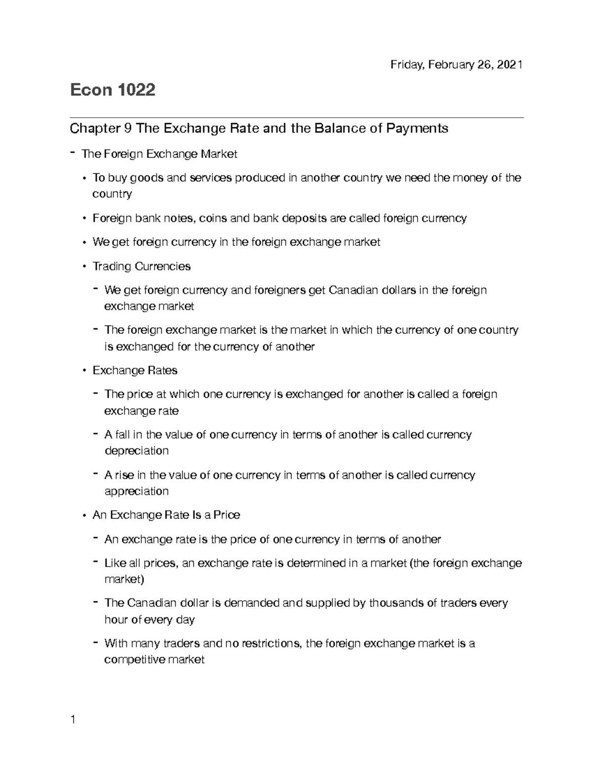 Chapter 9 Econ Notes PDF - Econ 1022 Chapter 9 The Exchange Rate and ...