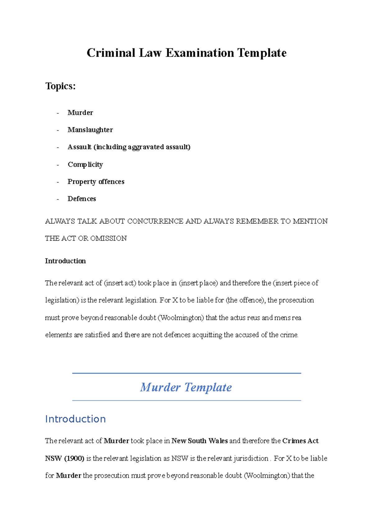 Criminal Law Examination Template Criminal Law Examination Template