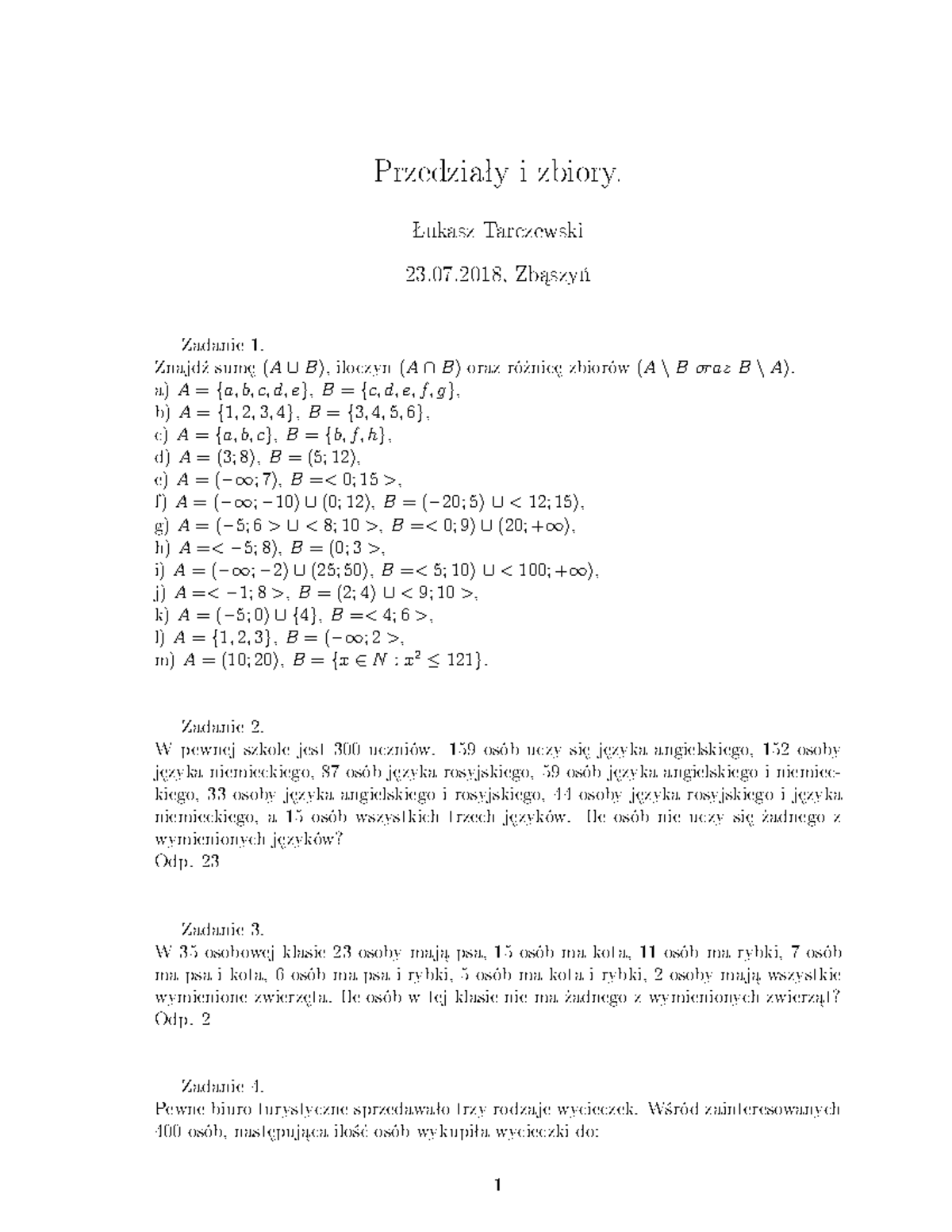1. przedzialy i zbiory - zadania z przedziałów i zbiorów - Przedziaªy i