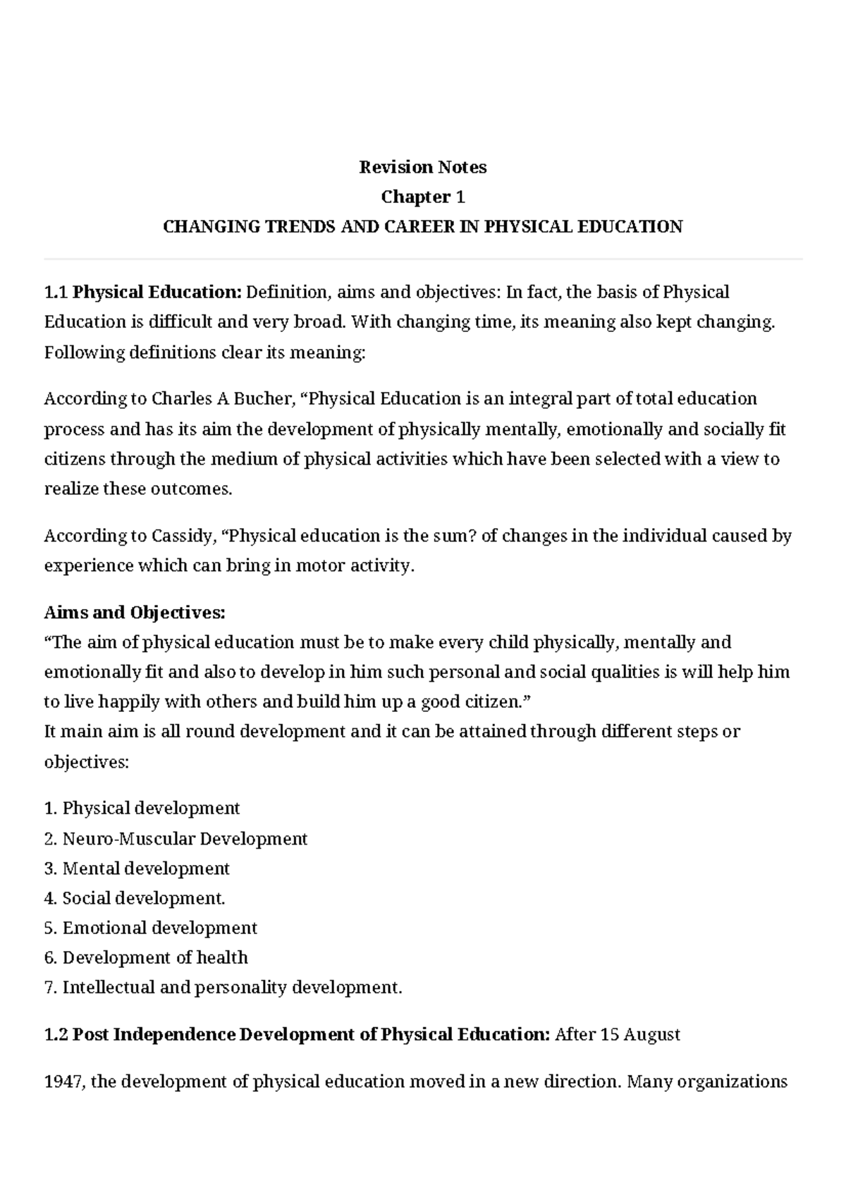 Pe ch 1 notes - noooo - Revision Notes Chapter 1 CHANGING TRENDS AND ...