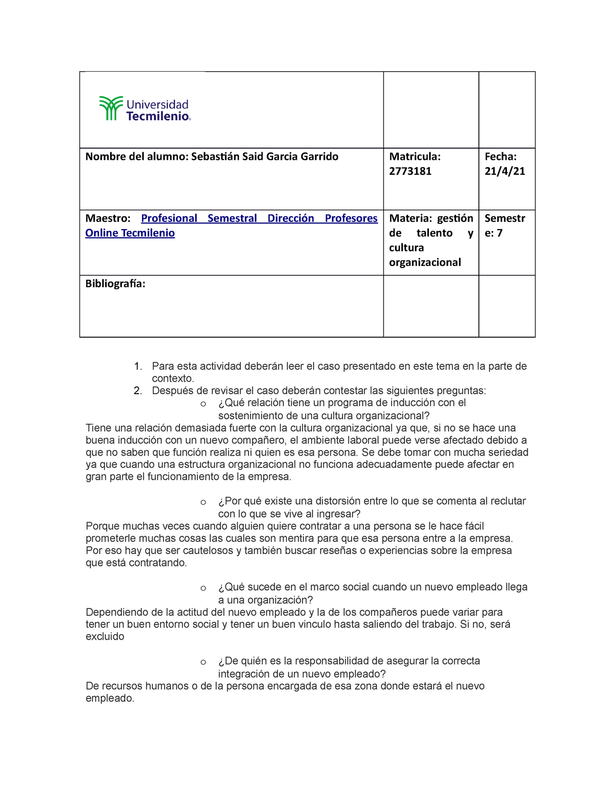 Actividad 12 gestion de talento - Nombre del alumno: Sebastián Said ...