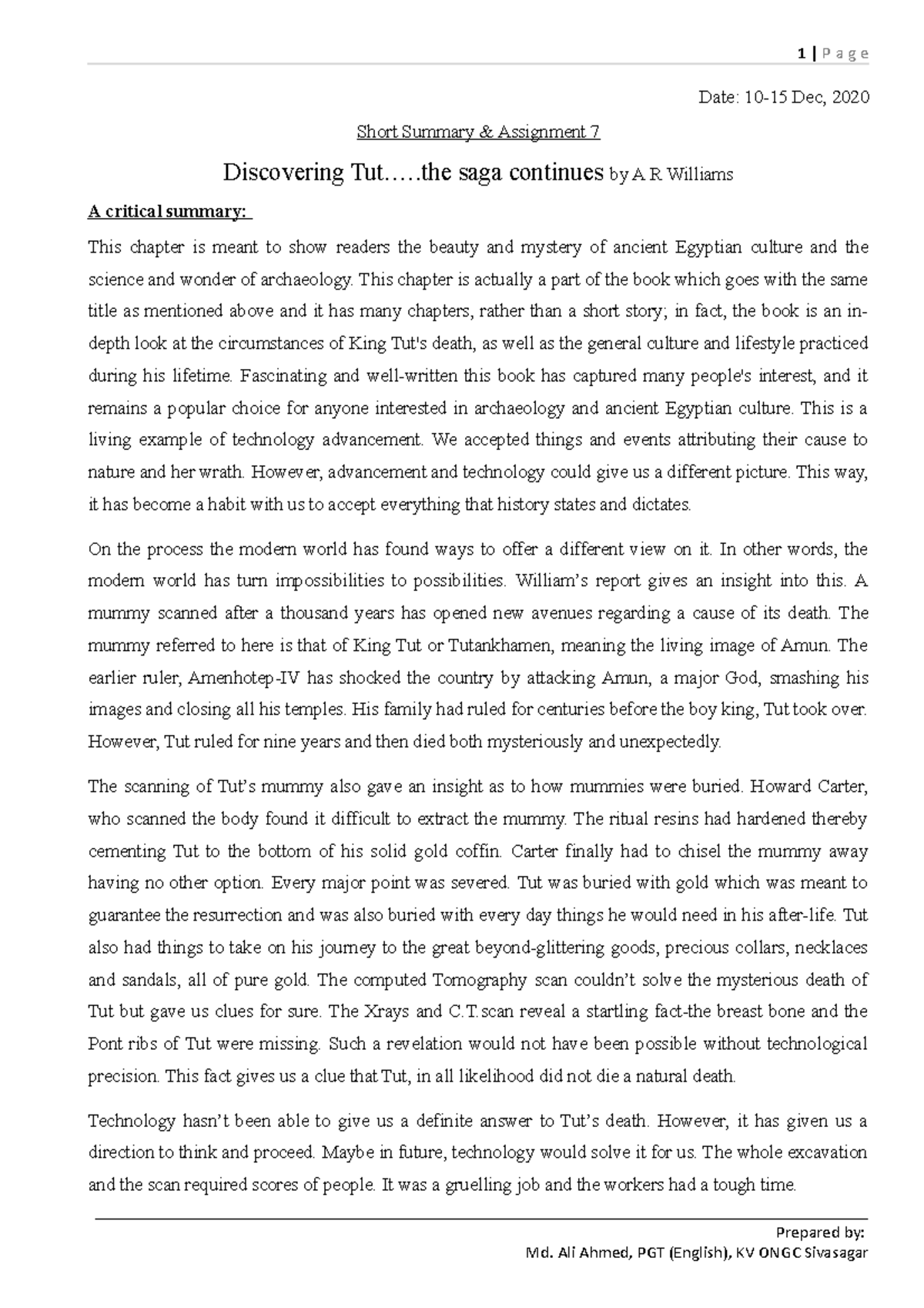 Short summary and Q. on King Tut Date 1015 Dec, 2020 Short Summary