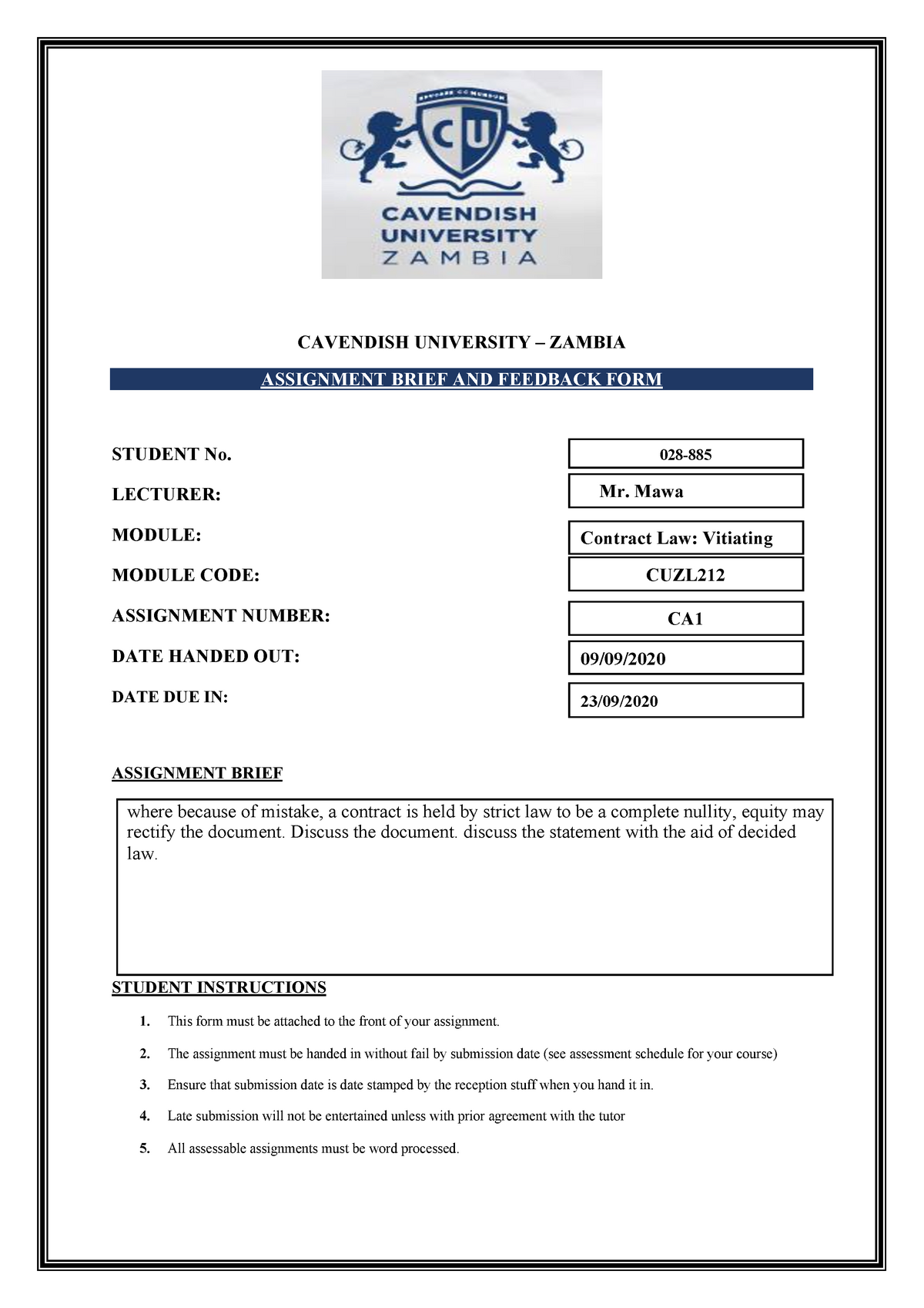 cavendish university assignment cover page pdf