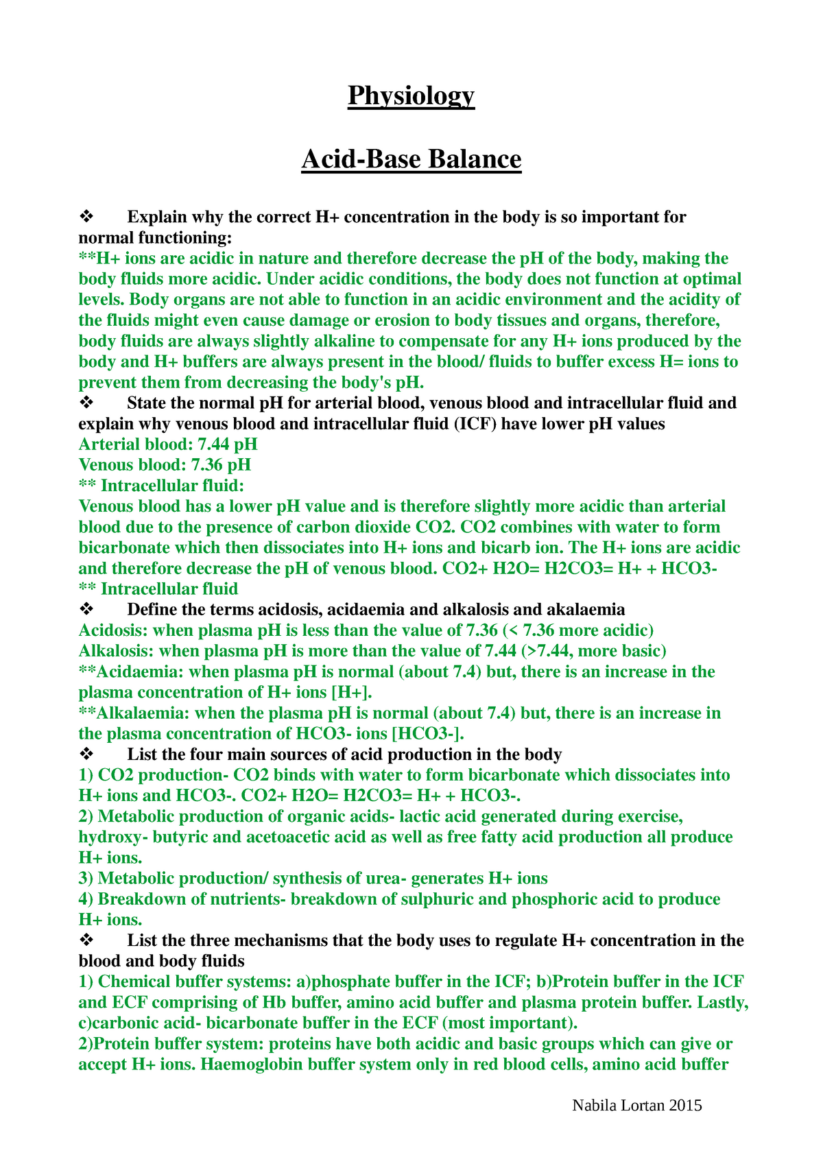 Physiology ACID BASE Balance - Physiology Acid-Base Balance Explain Why The Correct H+ - Studocu