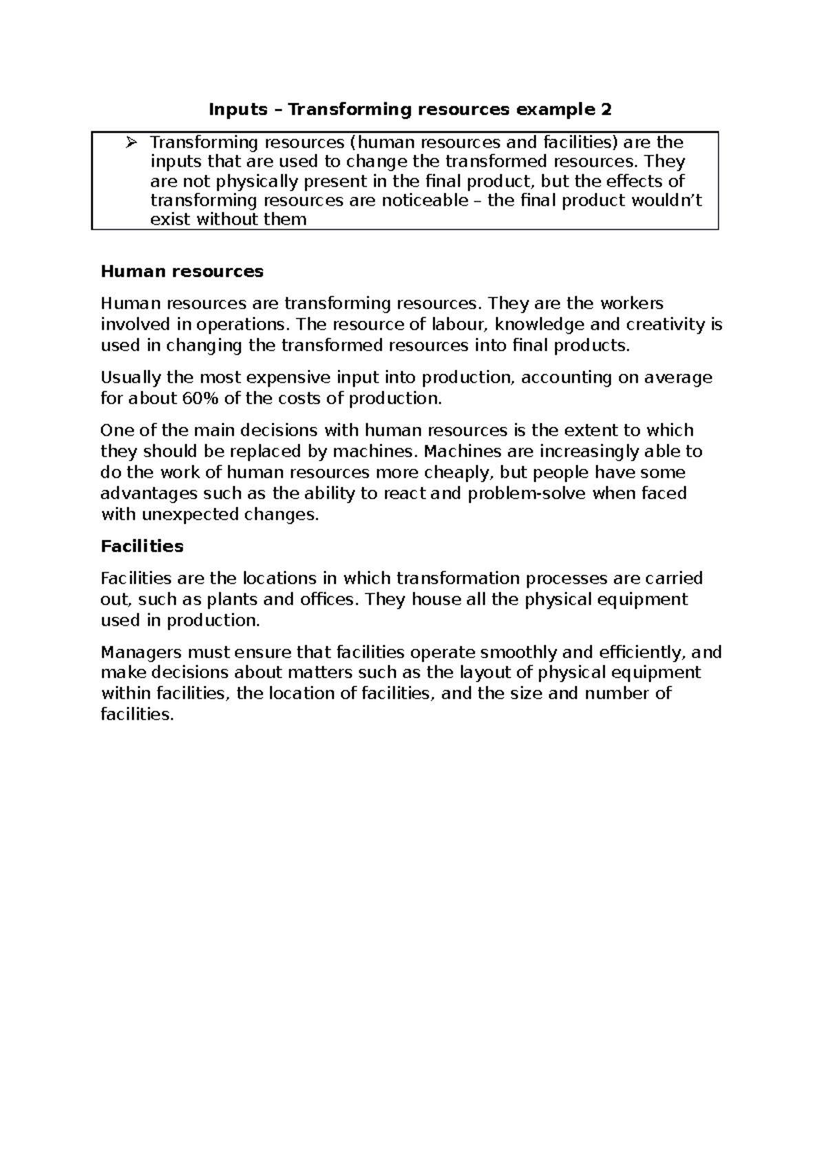 Op process inputs 2 - Lecture notes 2 - Inputs – Transforming resources ...