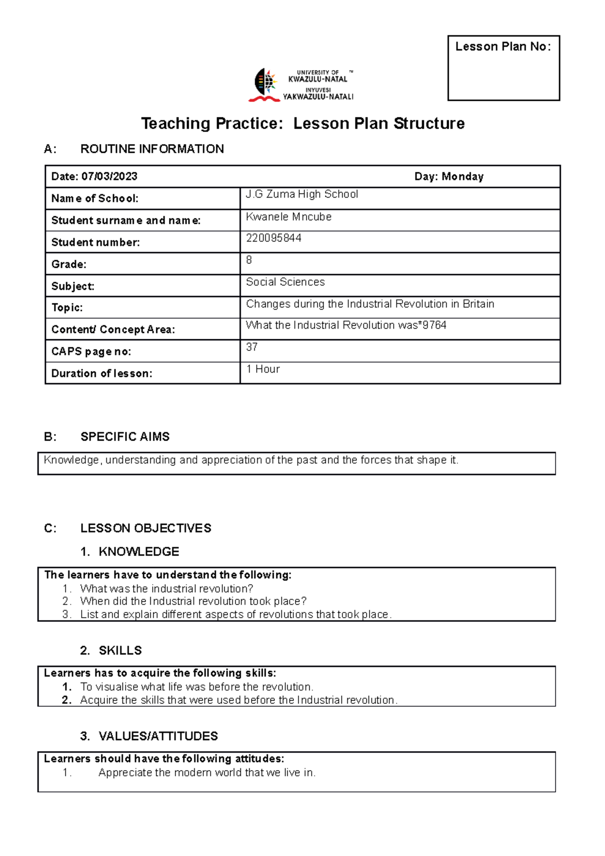 SS 8 Lesson PLAN 07 - Teaching Practice: Lesson Plan Structure A ...