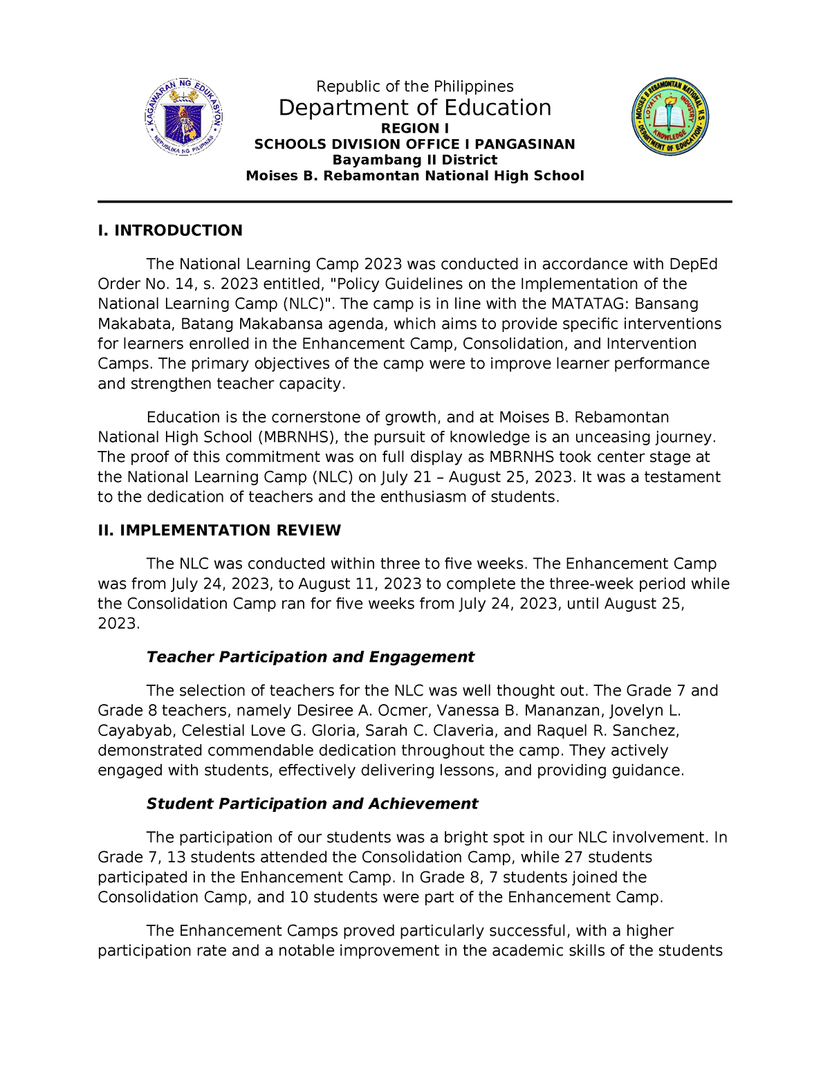 NLC Report Republic of the Philippines Department of