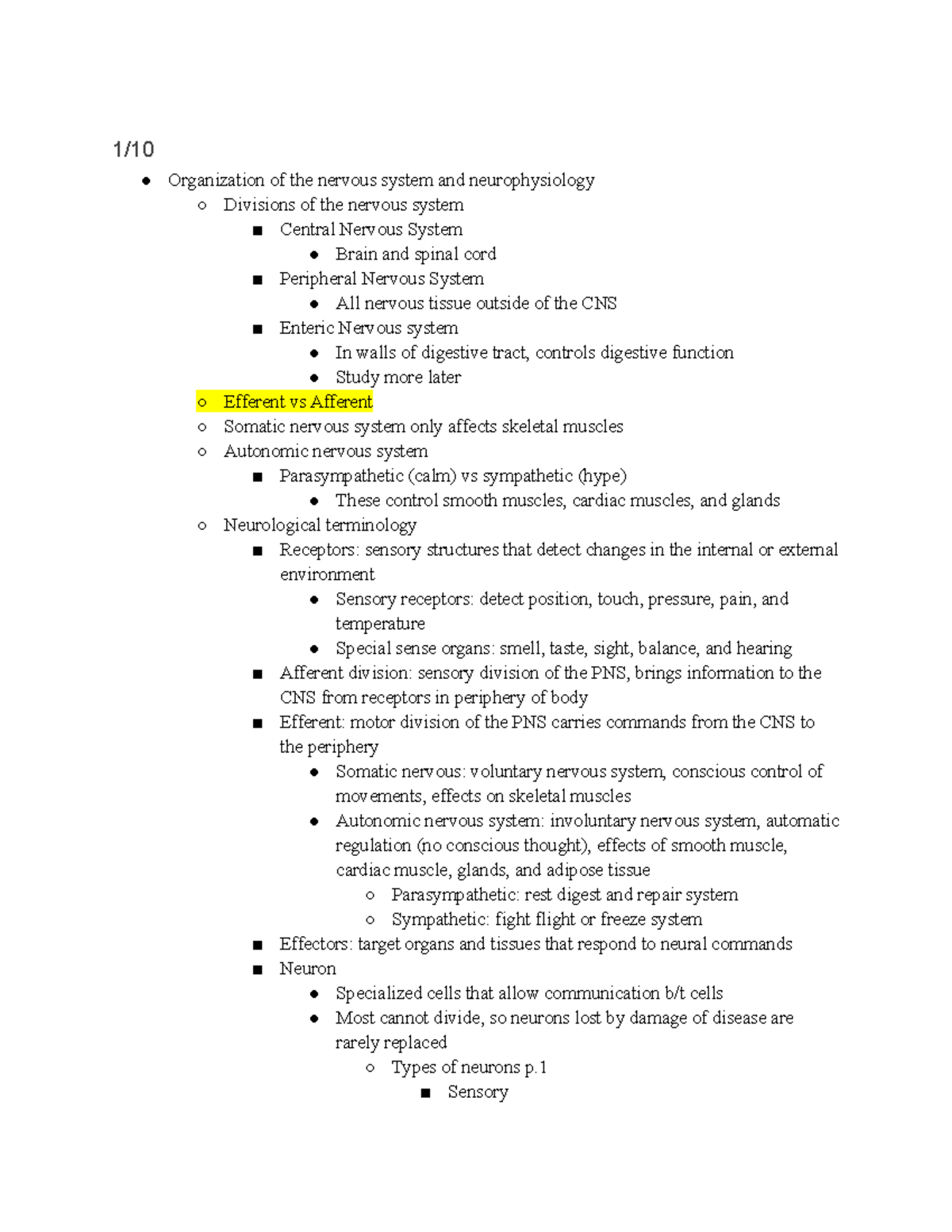 Anatomy Term 2 Midterm 1 - 1/ Organization of the nervous system and ...