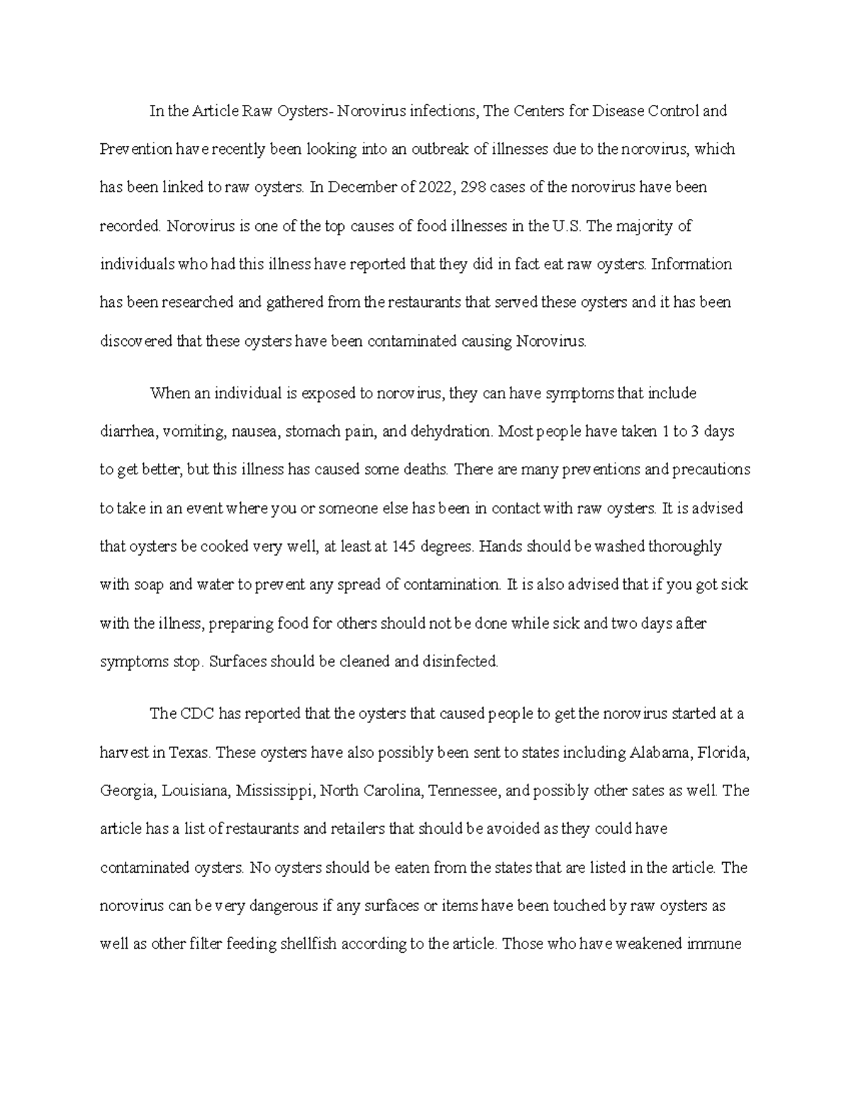 Week 1 Writing Summary In the Article Raw Oysters Norovirus