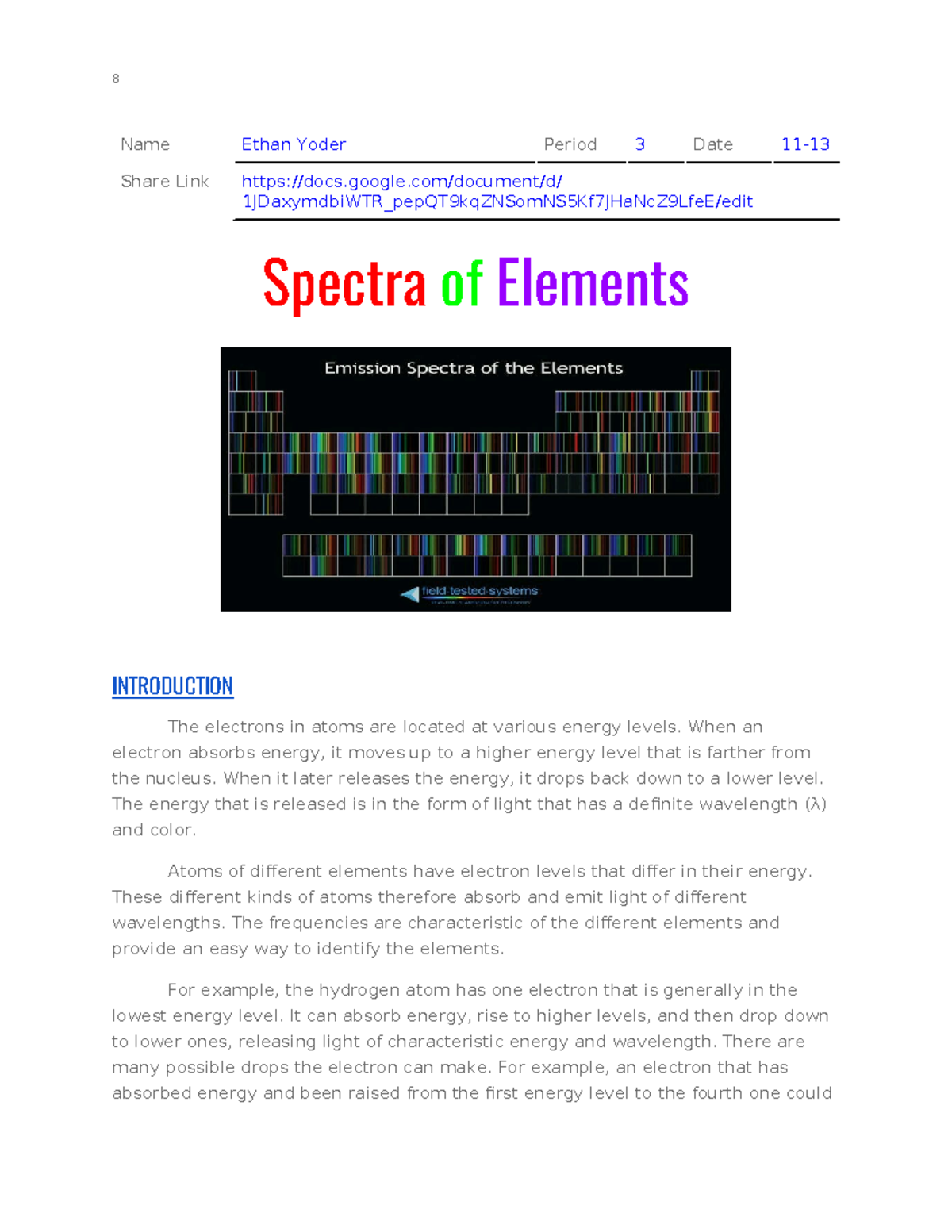 Copy of (P) 5.3B Spectra of Elements Mini Lab - 8 Name Ethan Yoder ...