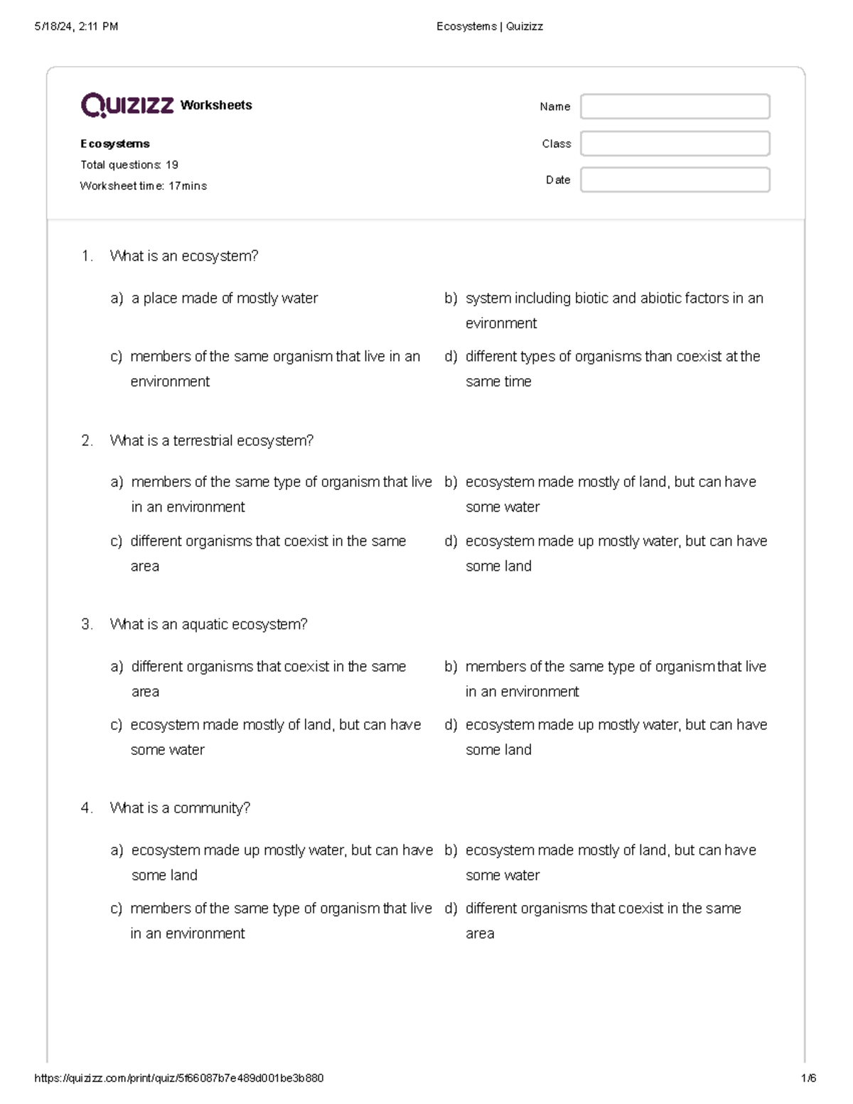 Ecosystems Quizizz - Important quiz - Worksheets Ecosystems Total ...