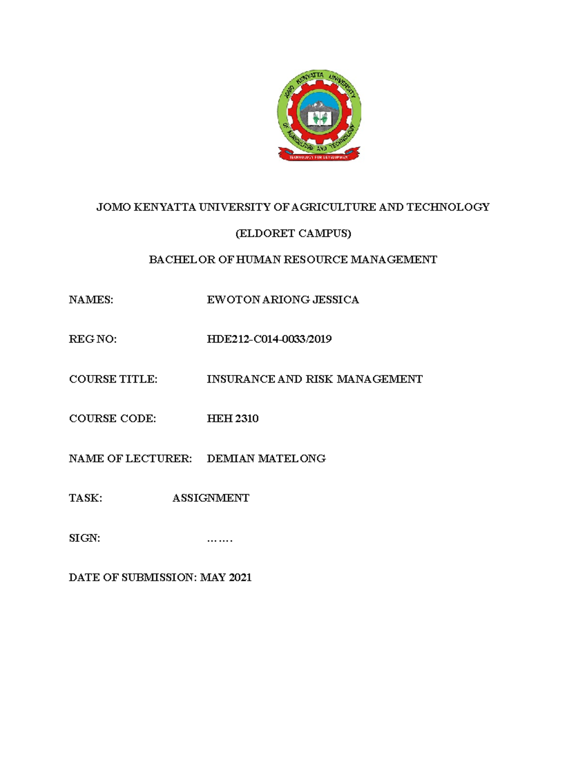 Jessy Assignment Risk Insurance 1 - Jomo Kenyatta University Of 