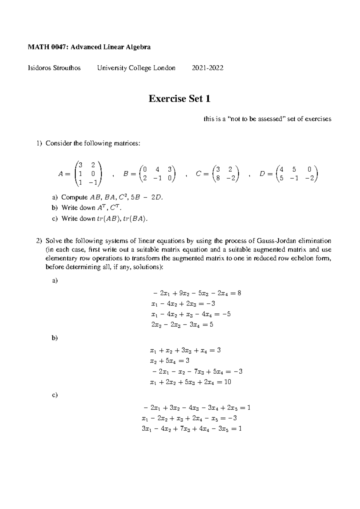 MATH0047 Exercise Set 1 - MATH 0047: Advanced Linear Algebra Isidoros ...