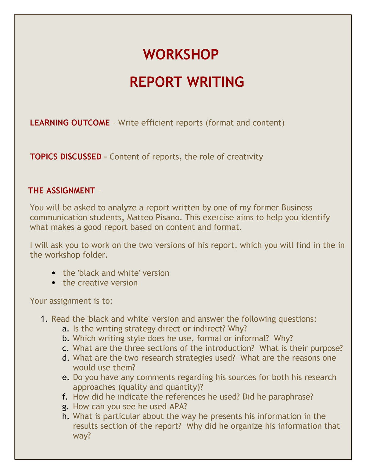 report on creative writing workshop
