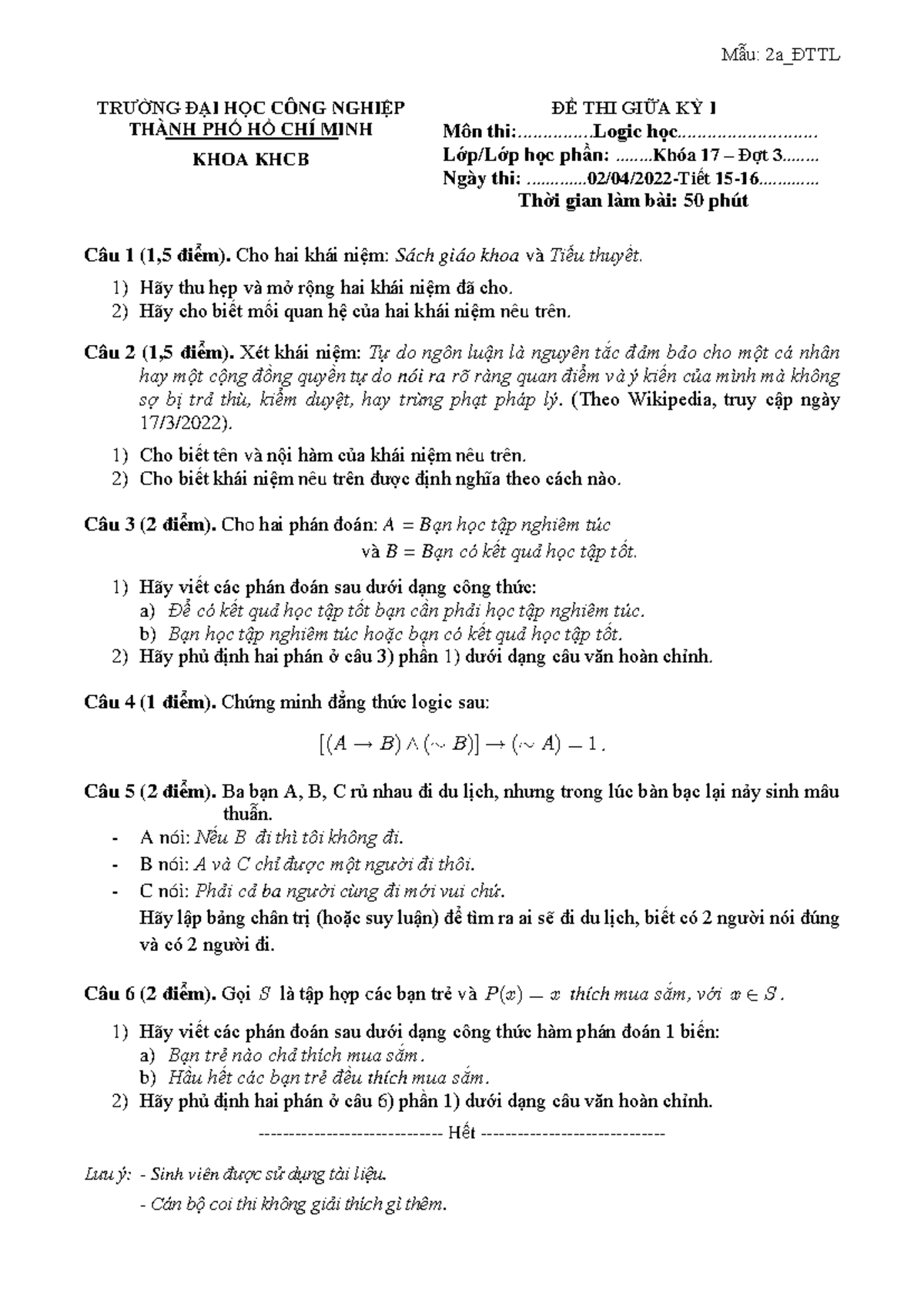 Dethi GK Dot3 Logic HK2 2021-2022 - Mẫu: 2a_ĐTTL Câu 1 (1,5 điểm). Cho ...