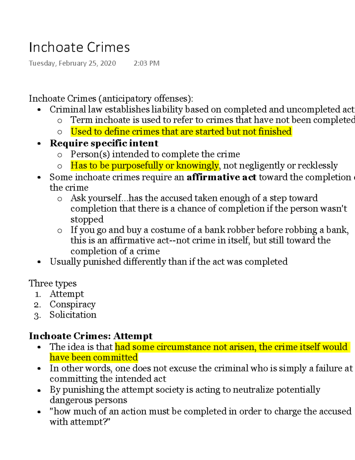 Inchoate Crimes Lecture notes 3 Inchoate Crimes (anticipatory