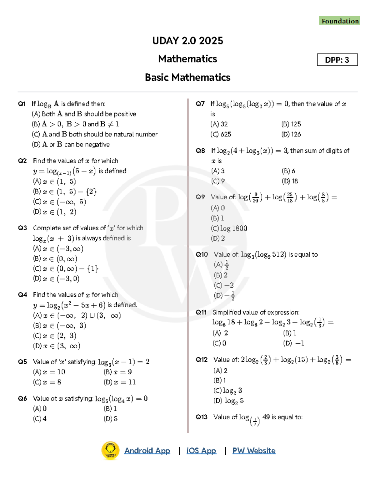 Basic Mathematics DPP 03 Uday 2.0 2025 - Q1 If is defined then: (A ...