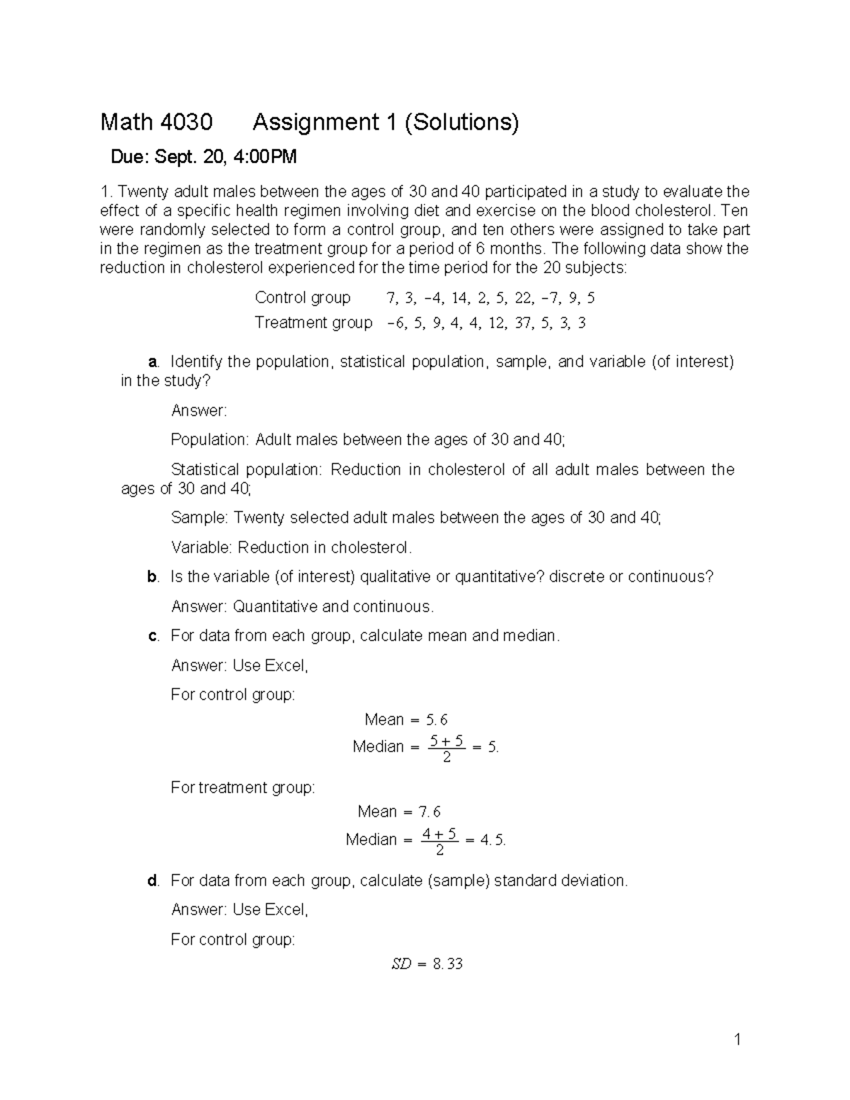 4030-Assignment 1(Solutions) - Math 4030 Assignment 1 (Solutions) Due ...