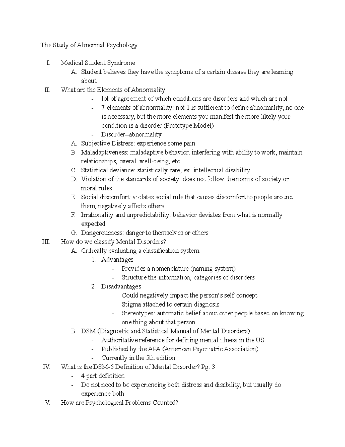 Abnormal Psych Exam 1 - The Study Of Abnormal Psychology I. Medical ...