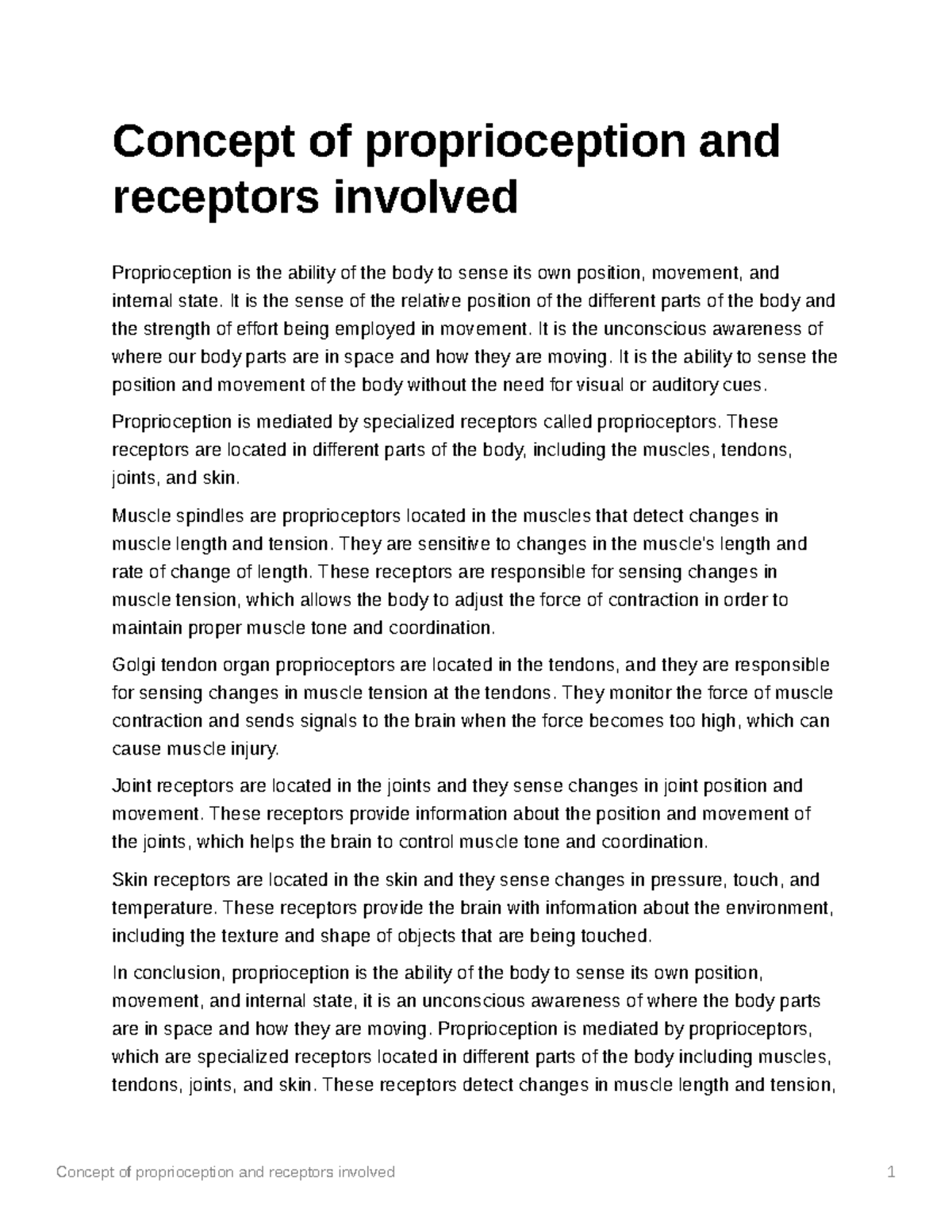 Concept of proprioception and receptors involved - It is the sense of ...