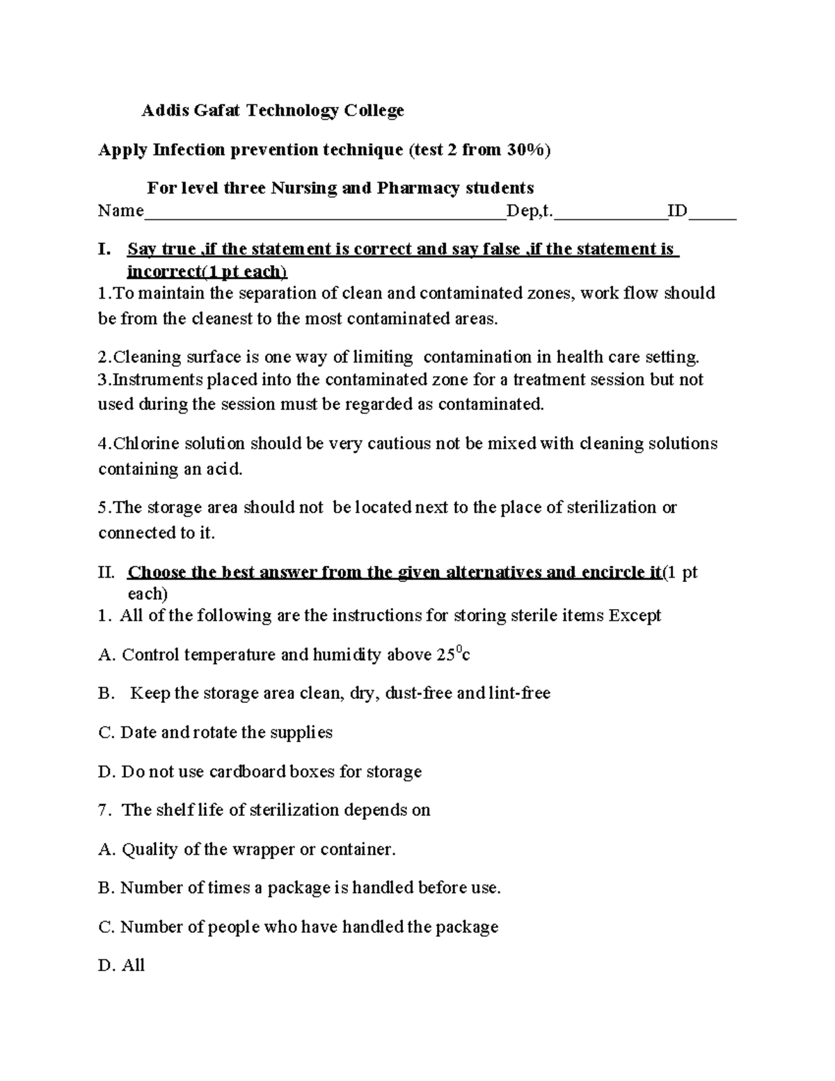 IPT TEST 2 - ipt - Addis Gafat Technology College Apply Infection ...