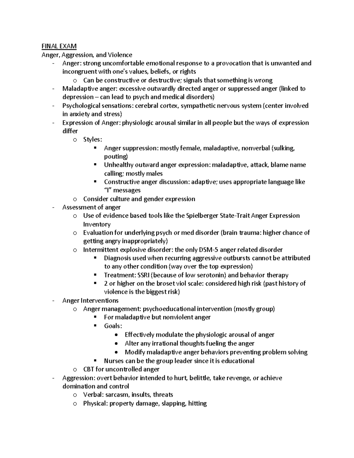 Final Exam 357 cumulative - FINAL EXAM Anger, Ag gression, and Violence ...