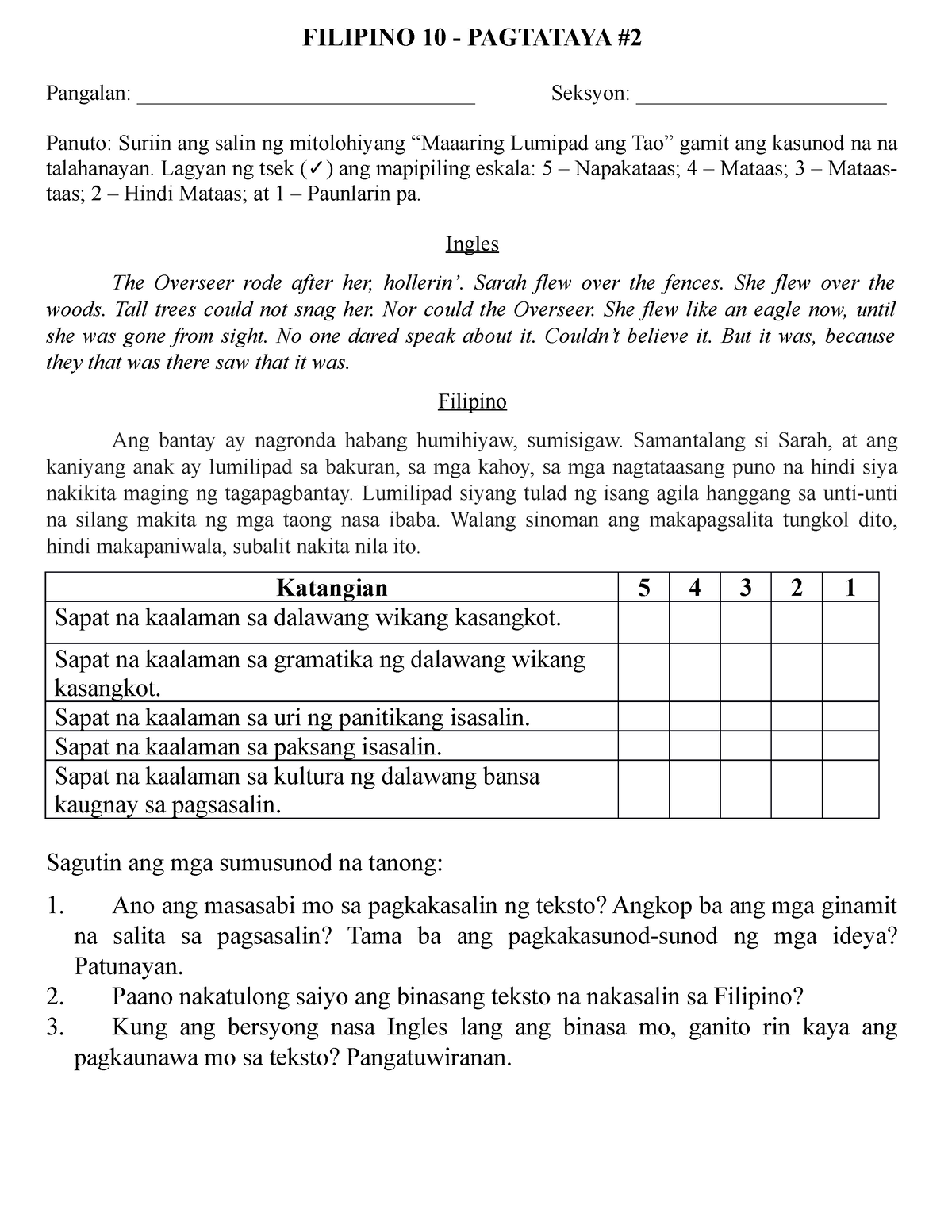 Pagtataya - Pagsasaling-Wika - FILIPINO 10 - PAGTATAYA Pangalan