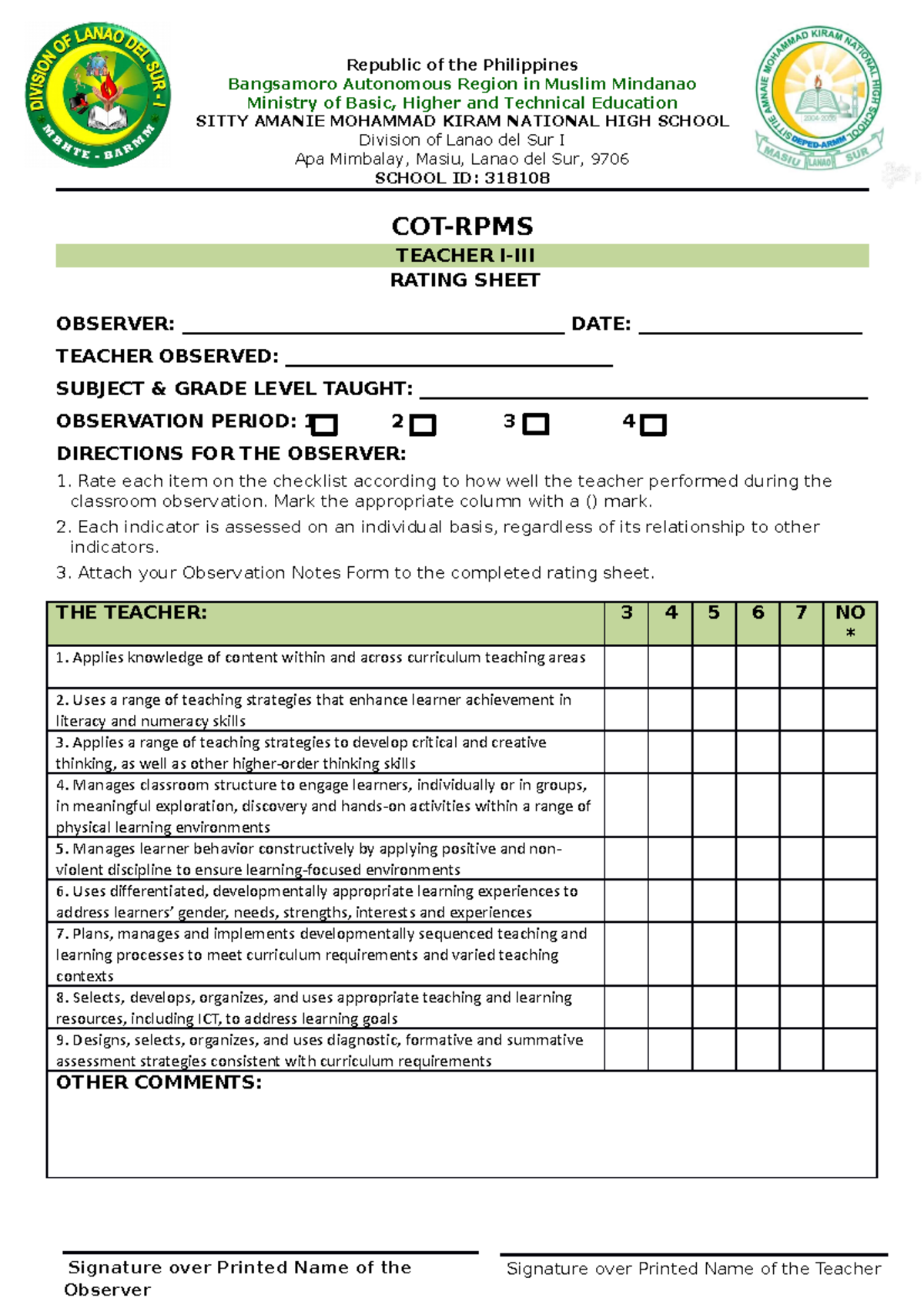 Cot Classroom Observation Tools Republic Of The Philippines Bangsamoro Autonomous Region In