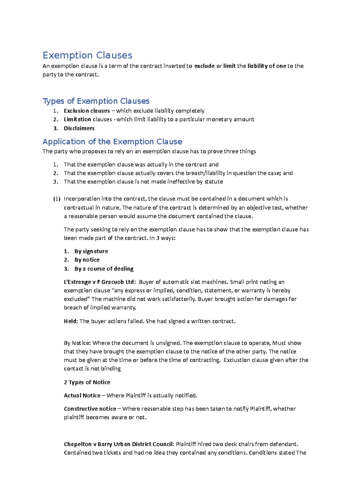 Consolidated 252 Notes - Exemption Clauses An exemption clause is a ...