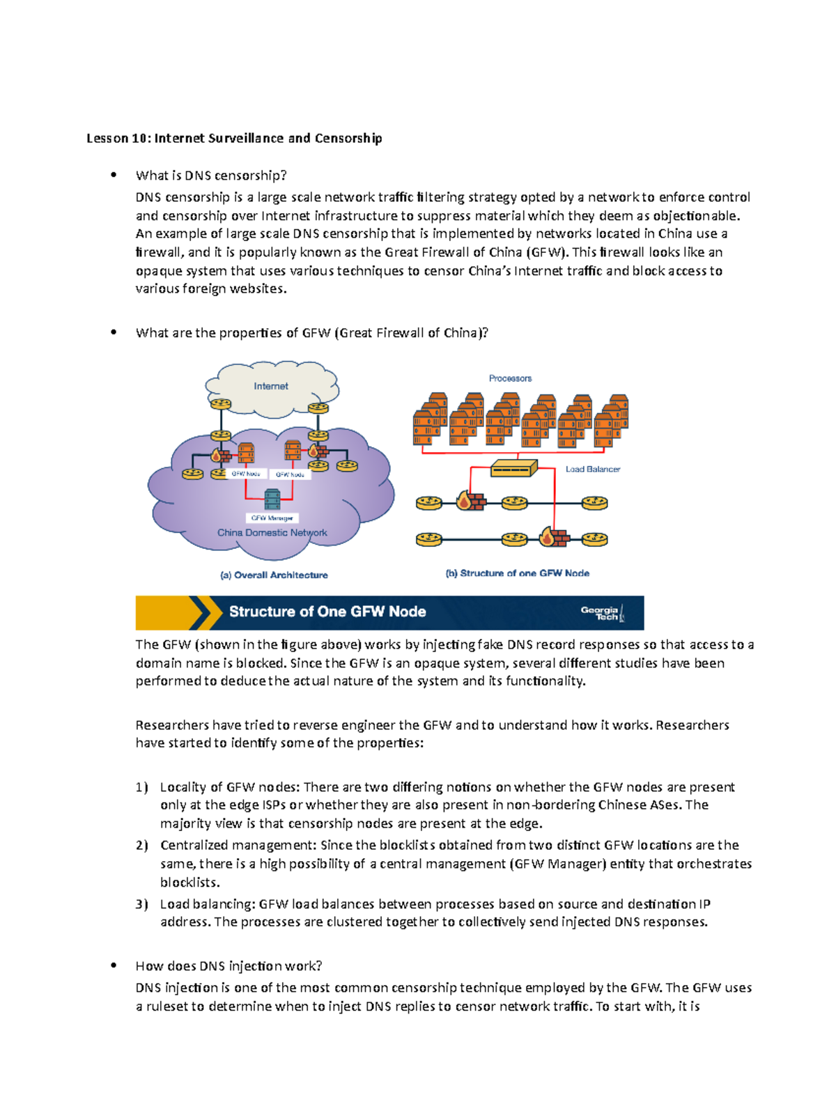 CS6250 Study question answers week10 Lesson 10 Surveillance and Censorship What is