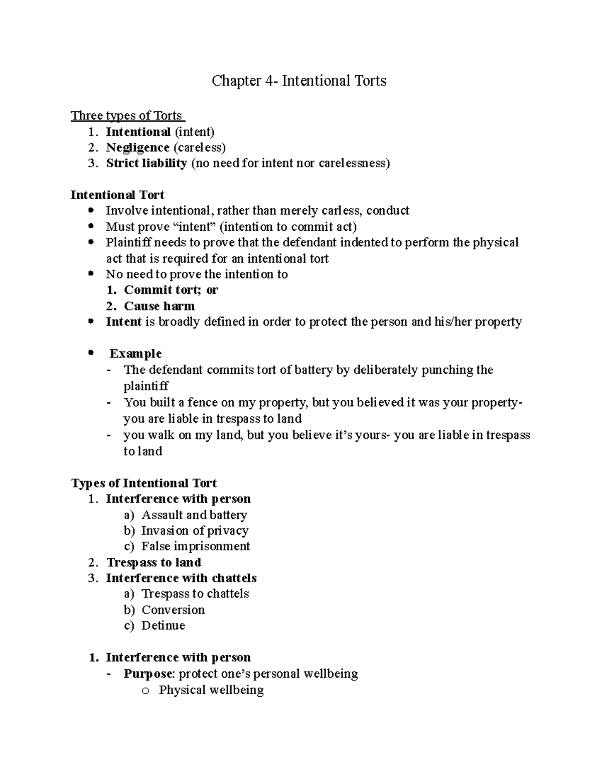 Week 3 Intentional Torts - Chapter 4- Intentional Torts Three Types Of ...