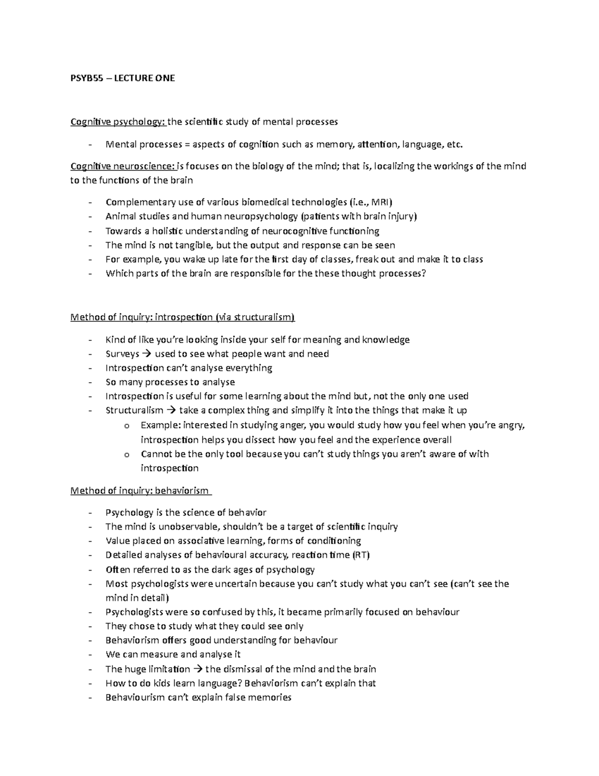 Psyb55 week 1 lecture notes - PSYB55 – LECTURE ONE Cognitive psychology ...