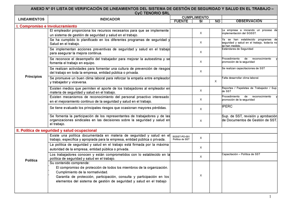 Anexo N01 Línea Base Sst Anexo N° 01 Lista De VerificaciÓn De