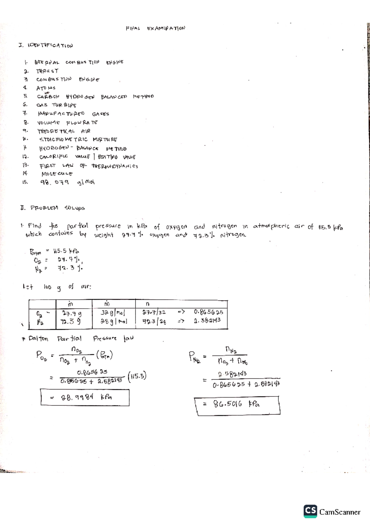 Combustion engineering final examination part 1 Mechanical