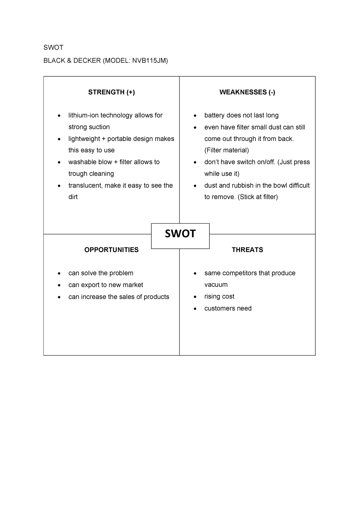 SWOT analysis study case SWOT BLACK DECKER MODEL