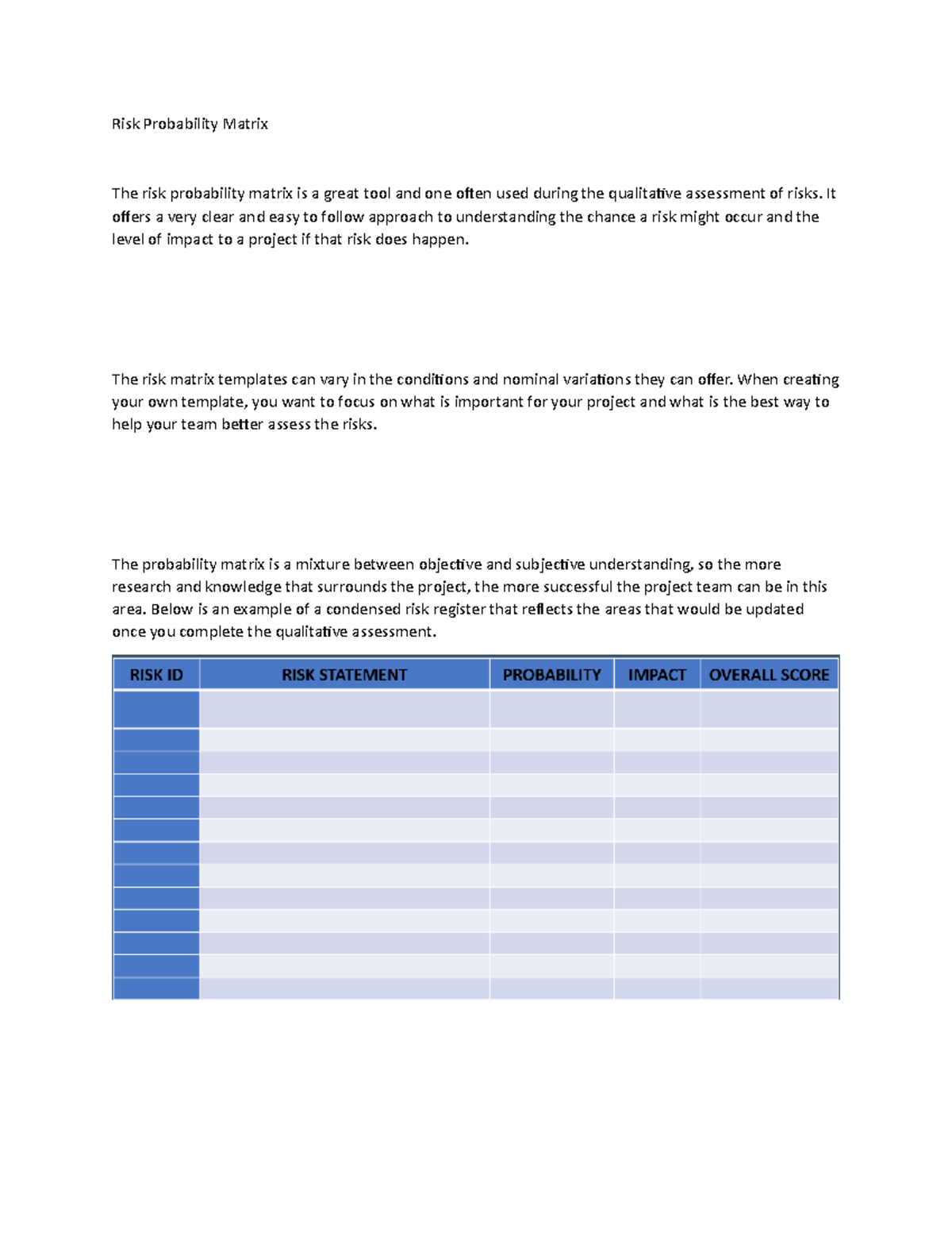Risk Probability Matrix - It offers a very clear and easy to follow ...