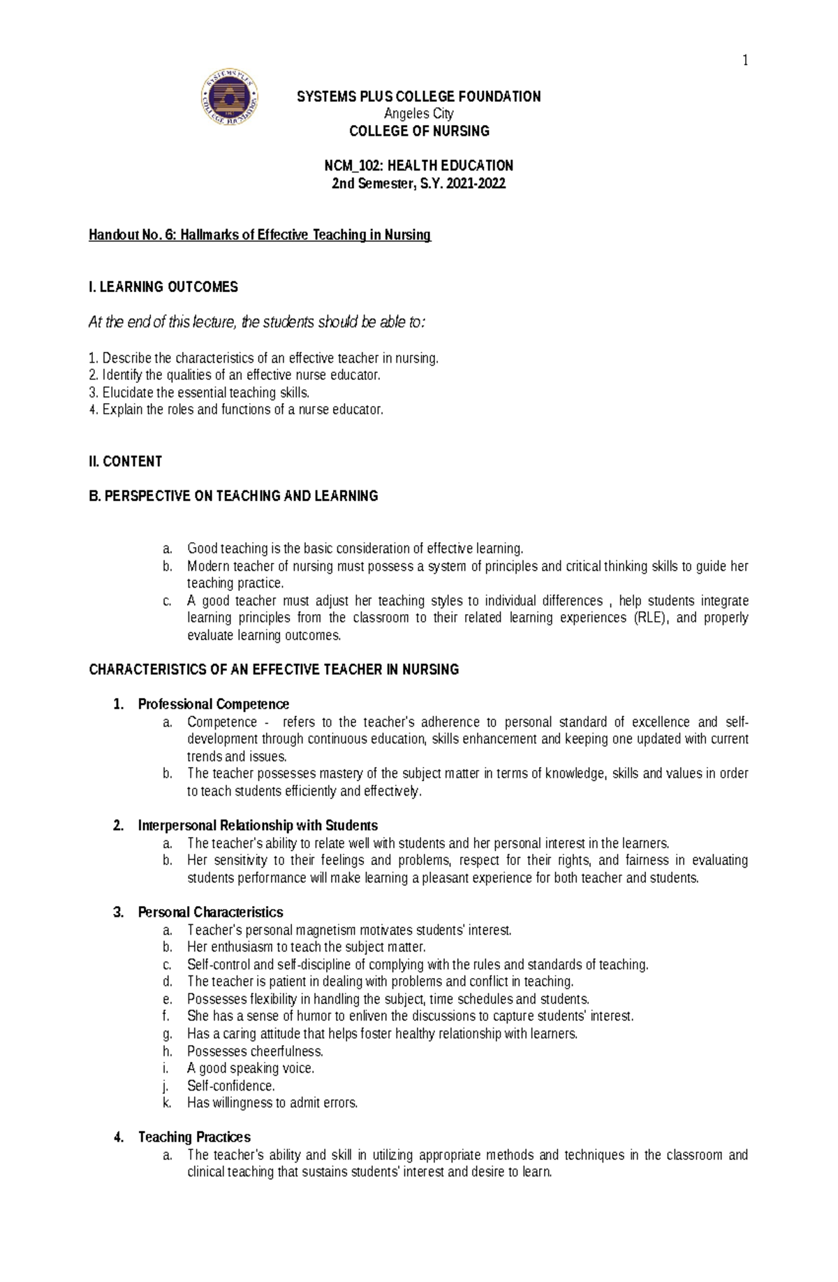 Health Educ Handout 6 Systems Plus College Foundation Angeles City