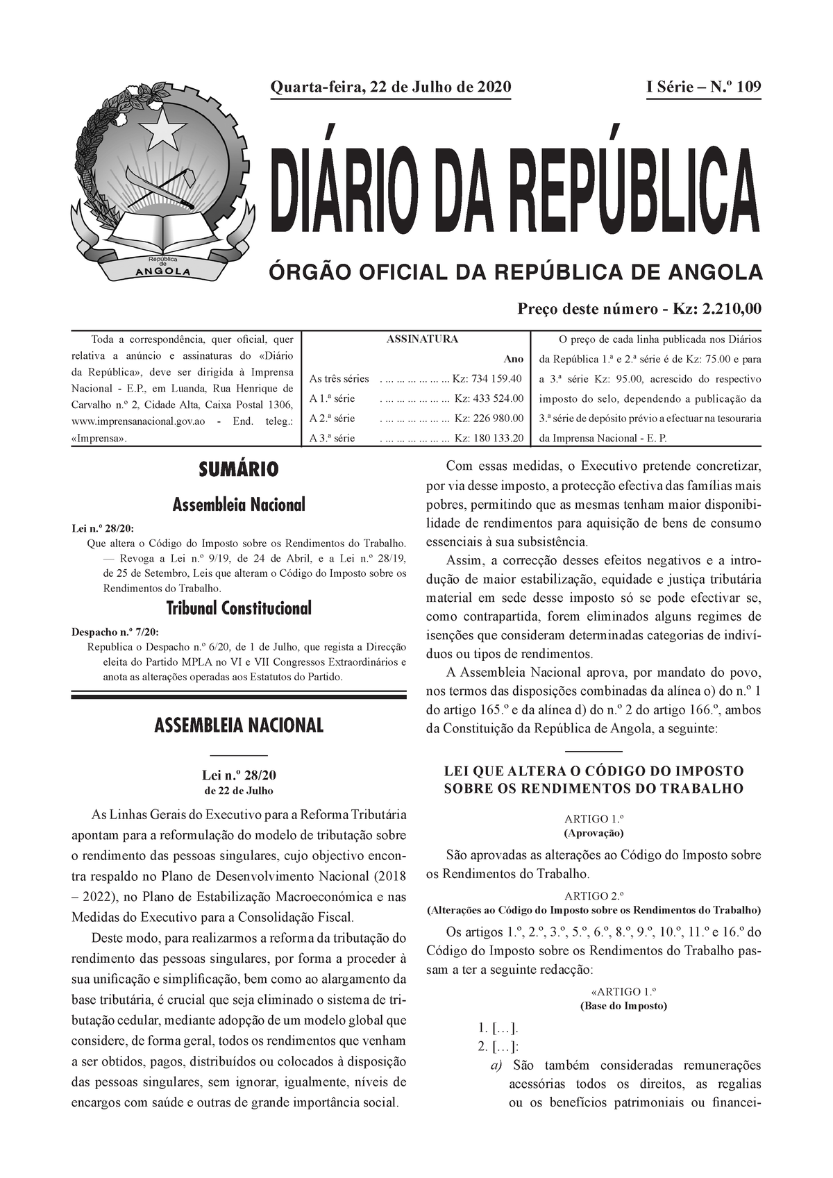 Lei Que Altera O Código Do Imposto Sobre O Rendimento De Trabalho SumÁrio Assembleia Nacional 7089