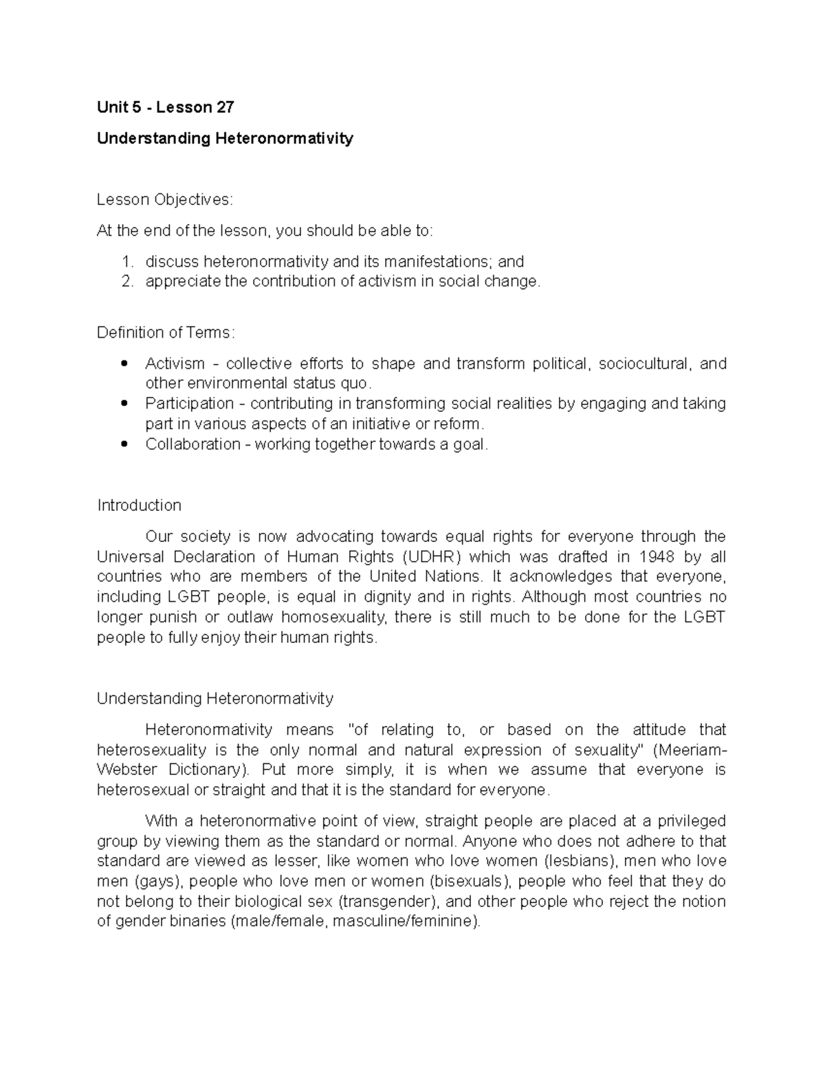 Understanding Heteronormativity Unit 5 Lesson 27 Understanding