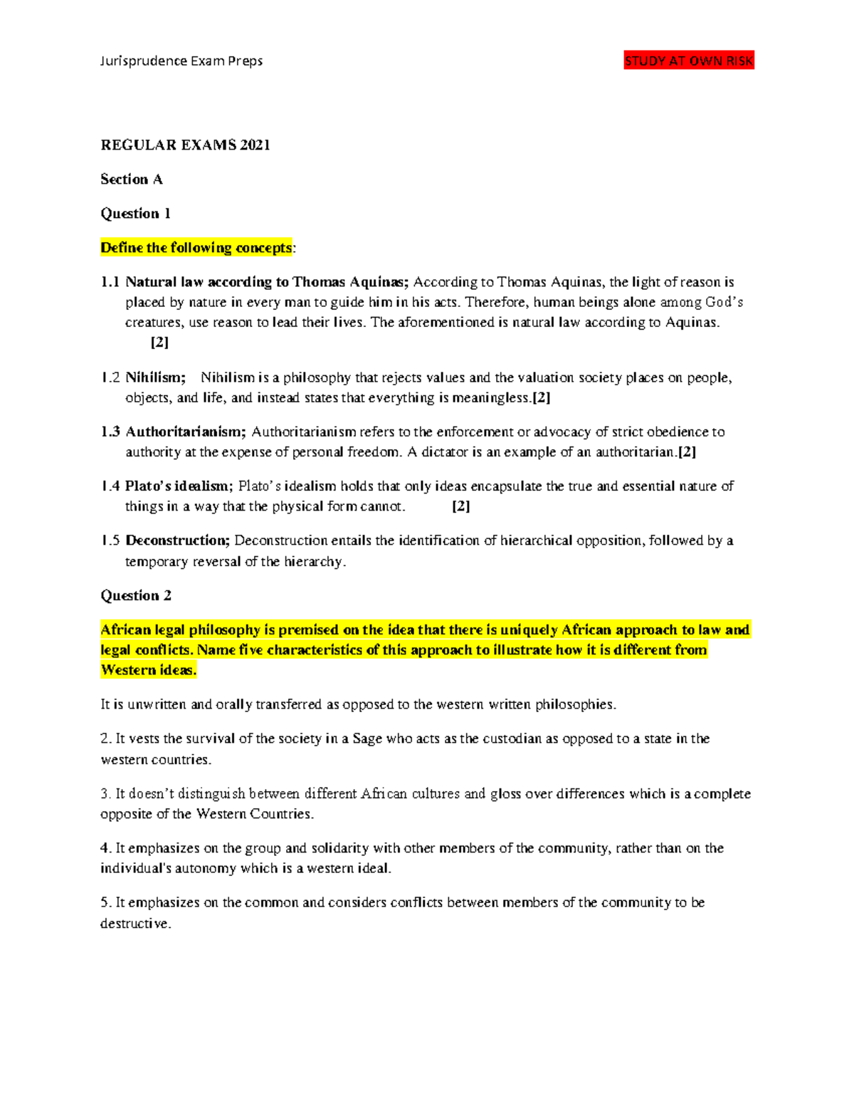 Juris exam question prep REGULAR EXAMS 2021 Section A Question 1