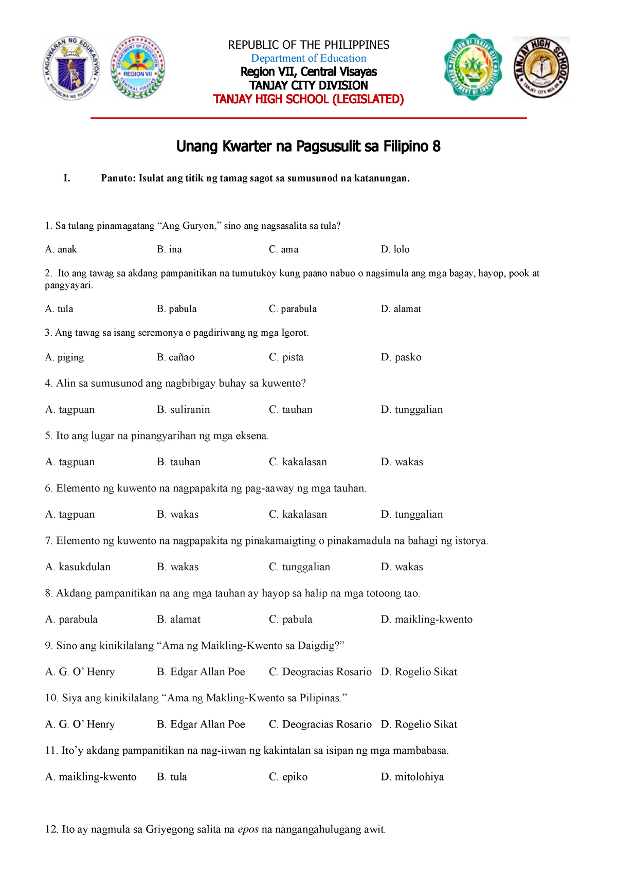 1st Quarter Exam In Filipino 2022 - REPUBLIC OF THE PHILIPPINES ...