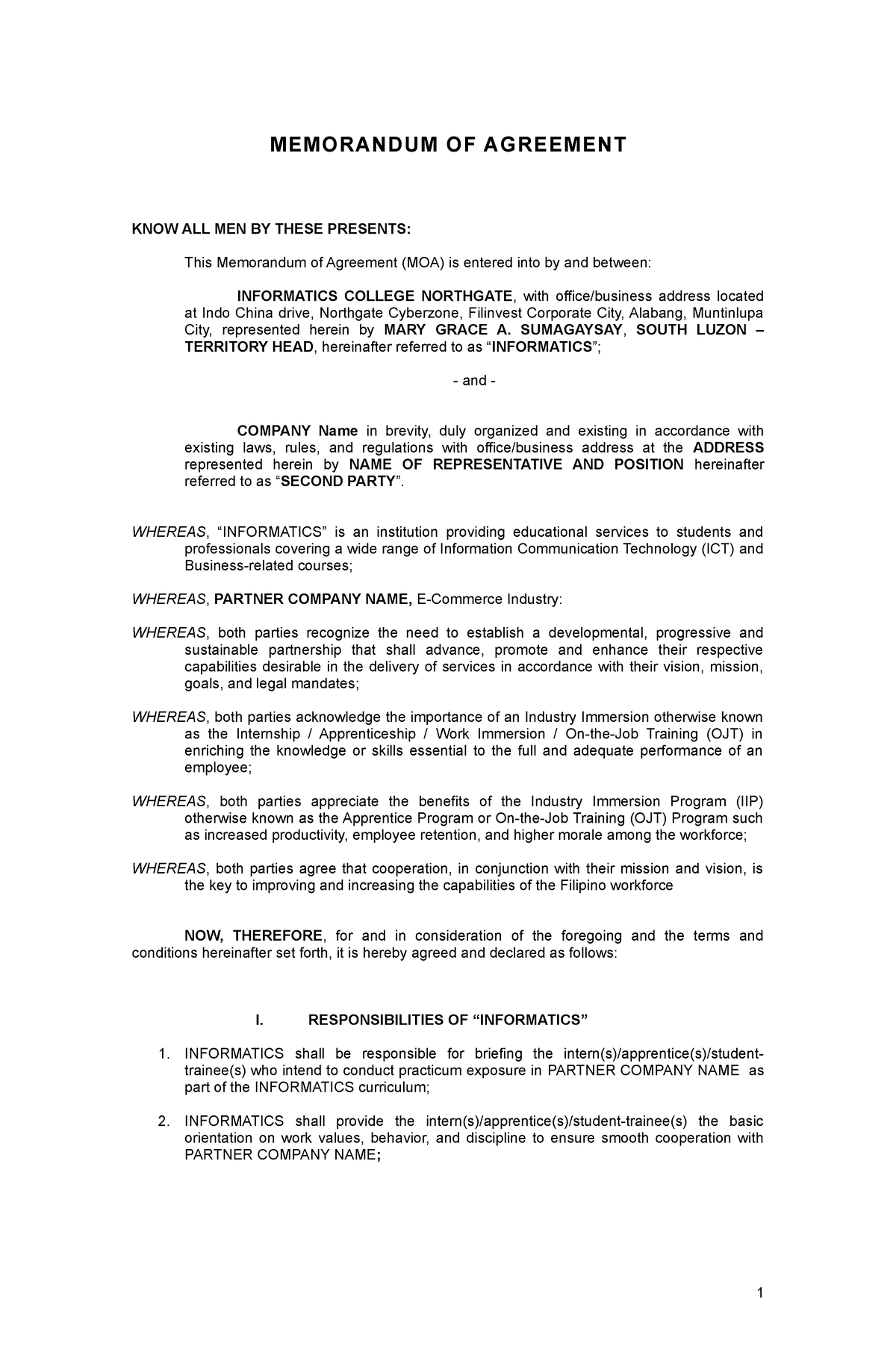 SHS WORK Immersion MOA Template - MEMORANDUM OF AGREEMENT KNOW ALL MEN ...