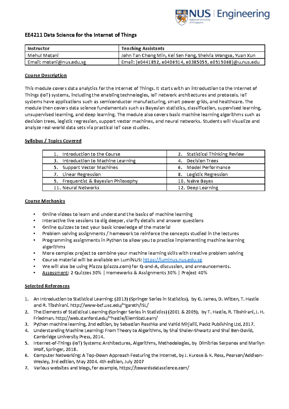 A00 EE4211 Module Info 2022 EE4211 Data Science for the of