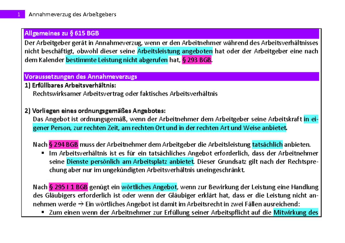 Annahmeverzug Des Arbeitgebers - Voraussetzungen Des Annahmeverzugs 1 ...