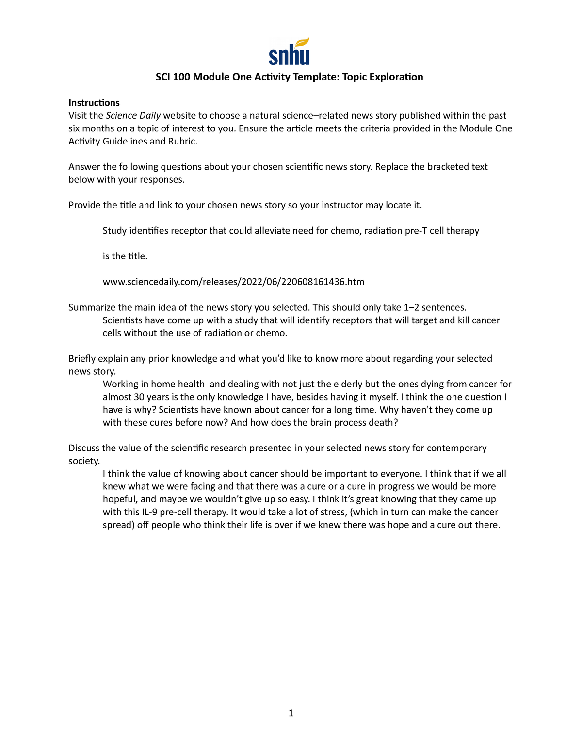 Sci 100 Module One Activity Template Ensure The Article Meets The Criteria Provided In The 5423