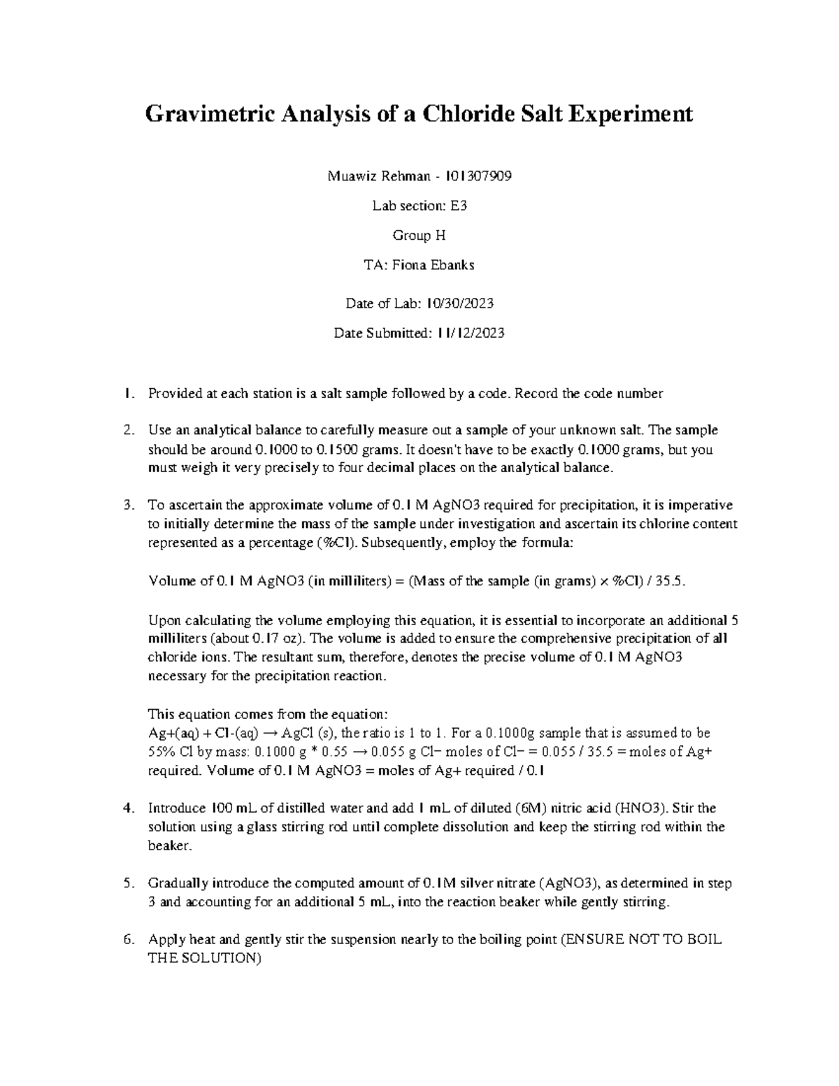 Muawiz Rehman Gravimetric Analysis of a Chloride Salt Experiment