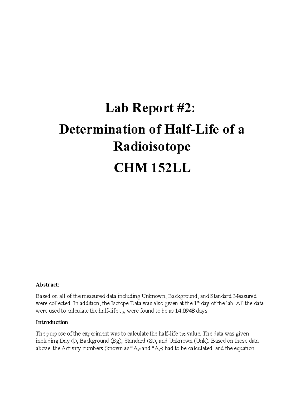 Lab Report 2 Half life Lab Report 2 Determination of HalfLife of a