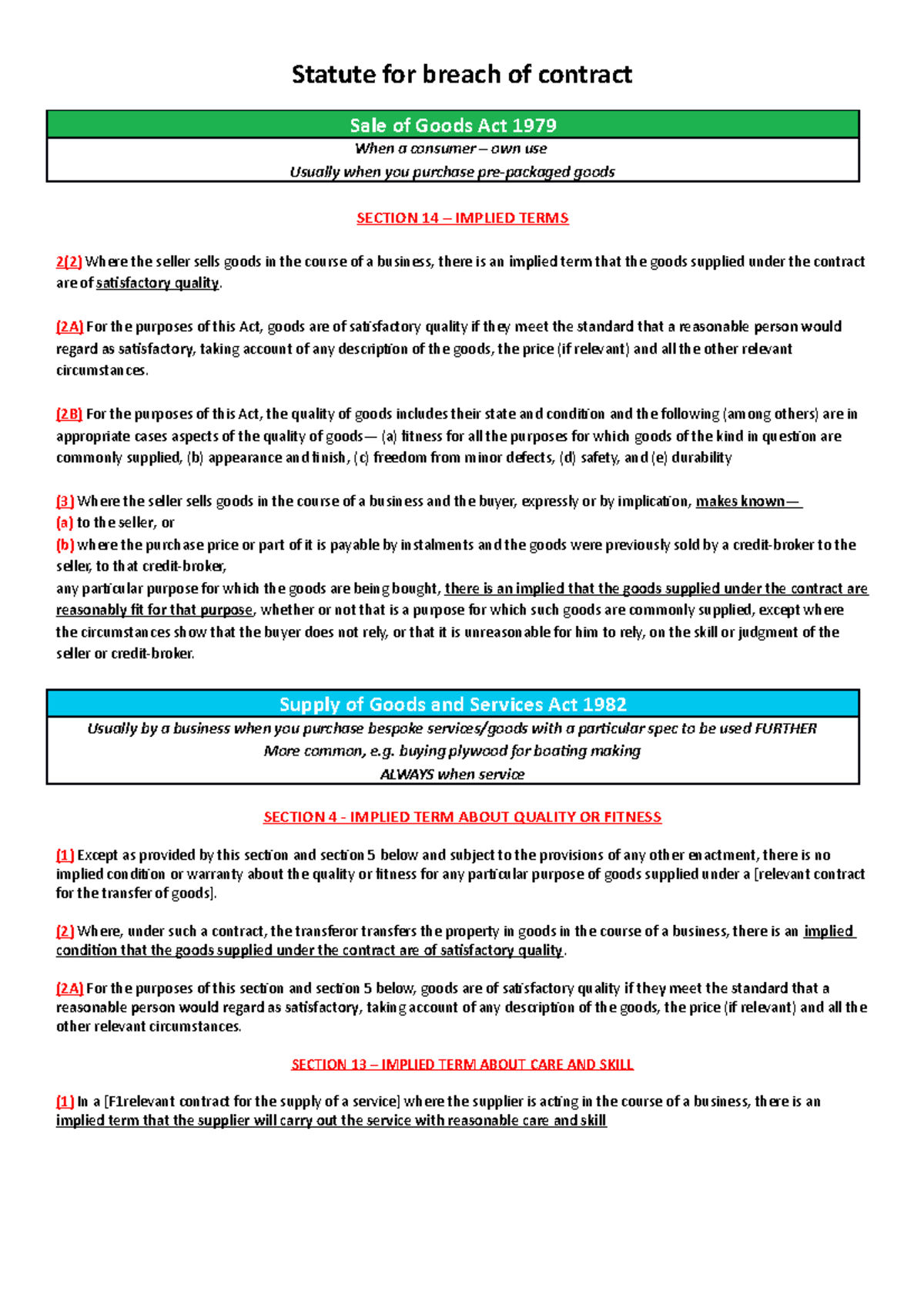 DR WS1 Statute for Breach of Contract Statute for breach of