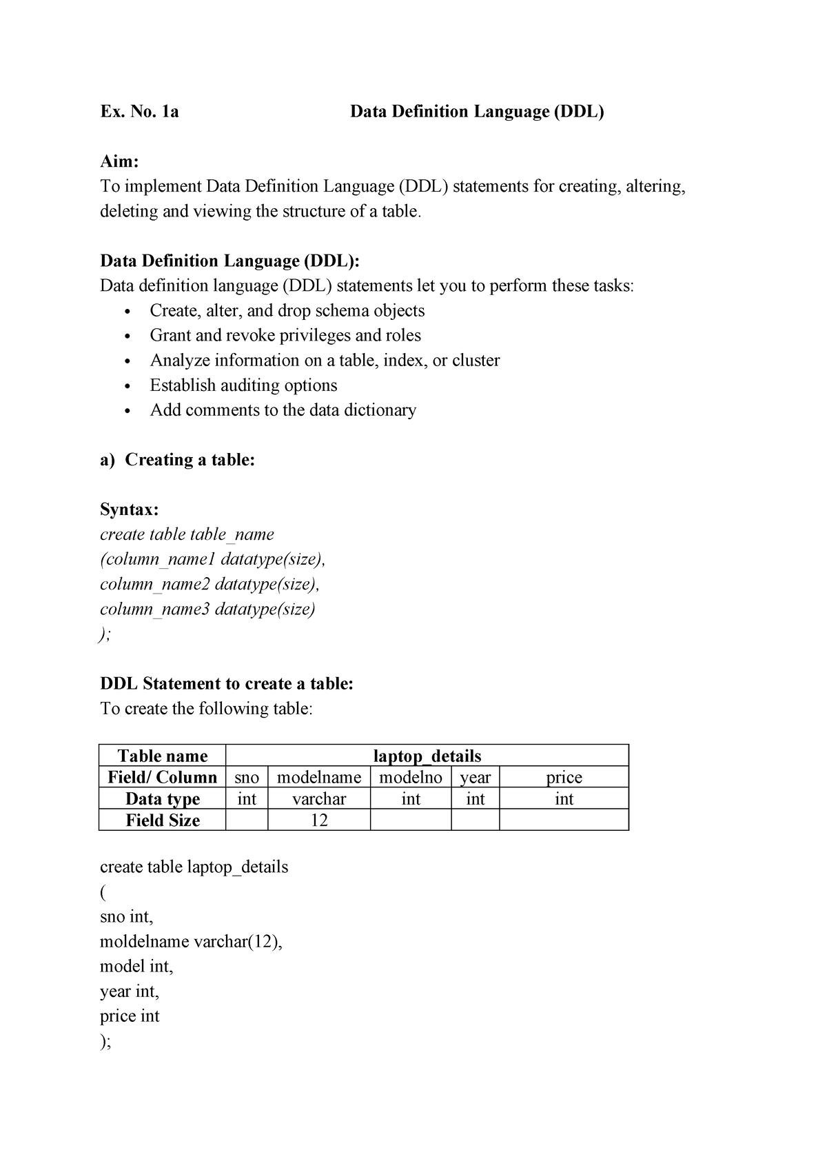 Exercise 1a - DDL - Anna University Reg 2017, DBMS Practical Lab Notes ...