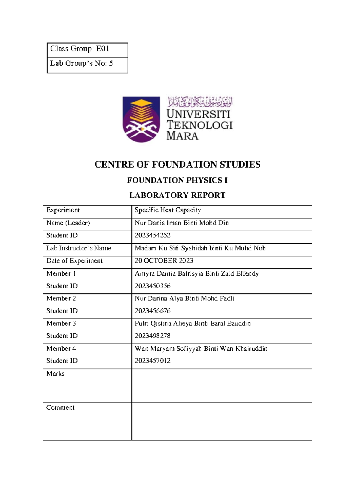 PHY094 20OCT2023 LAB Report E01 Group 5 - Class Group: E Lab Group’s No ...